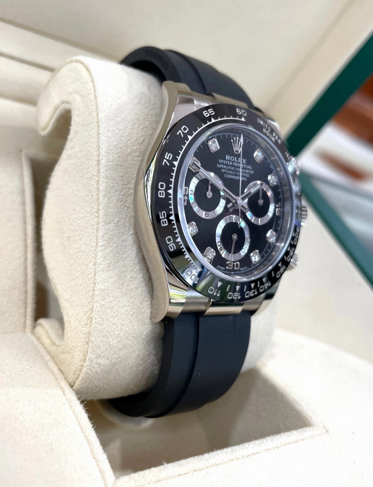 Rolex Daytona 116519LN Oysterflex Factory Black Diamond Dial 18k White Gold Box & Papers