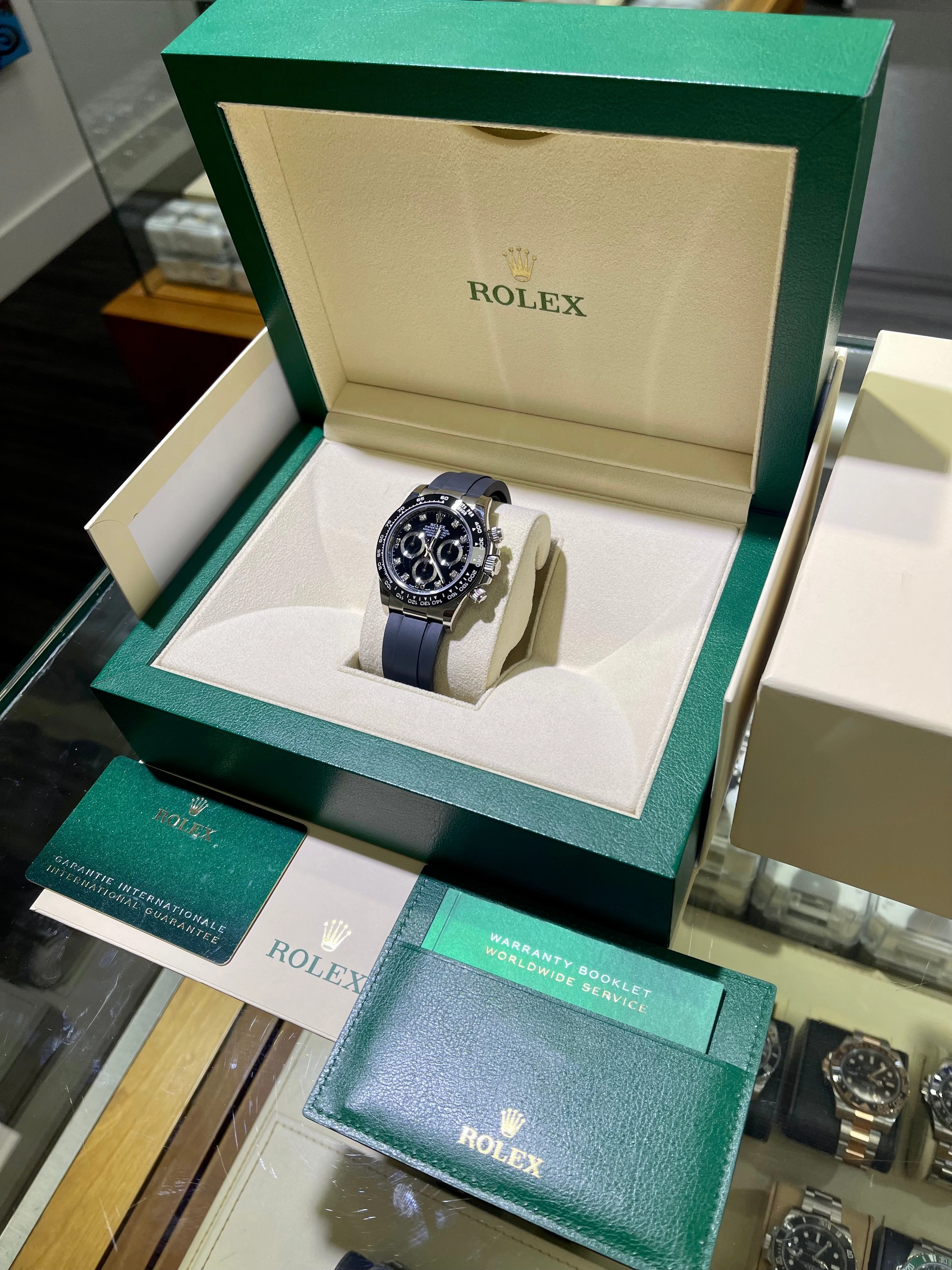 Rolex Daytona 116519LN Oysterflex Factory Black Diamond Dial 18k White Gold Box & Papers