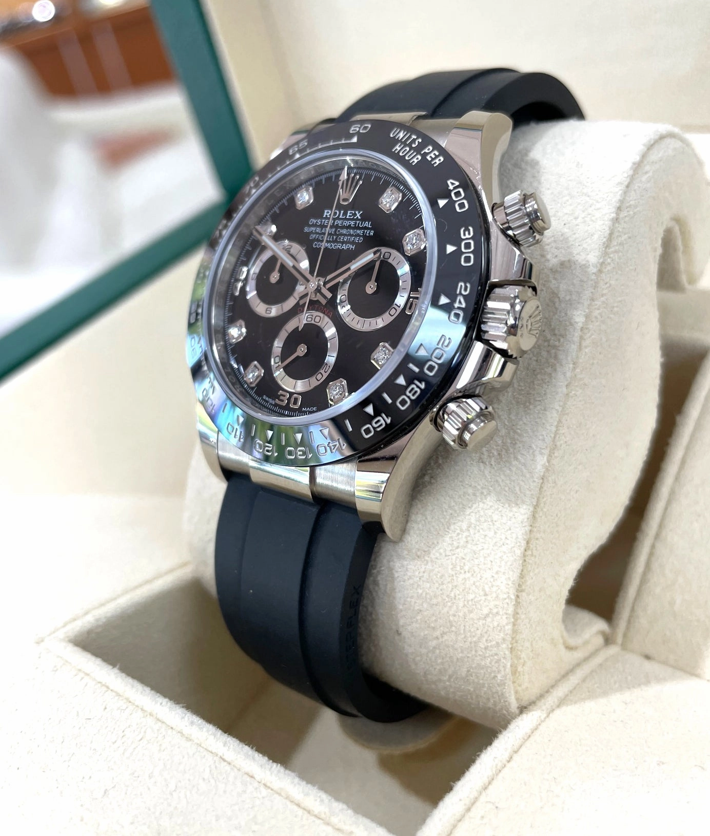 Rolex Daytona 116519LN Oysterflex Factory Black Diamond Dial 18k White Gold Box & Papers
