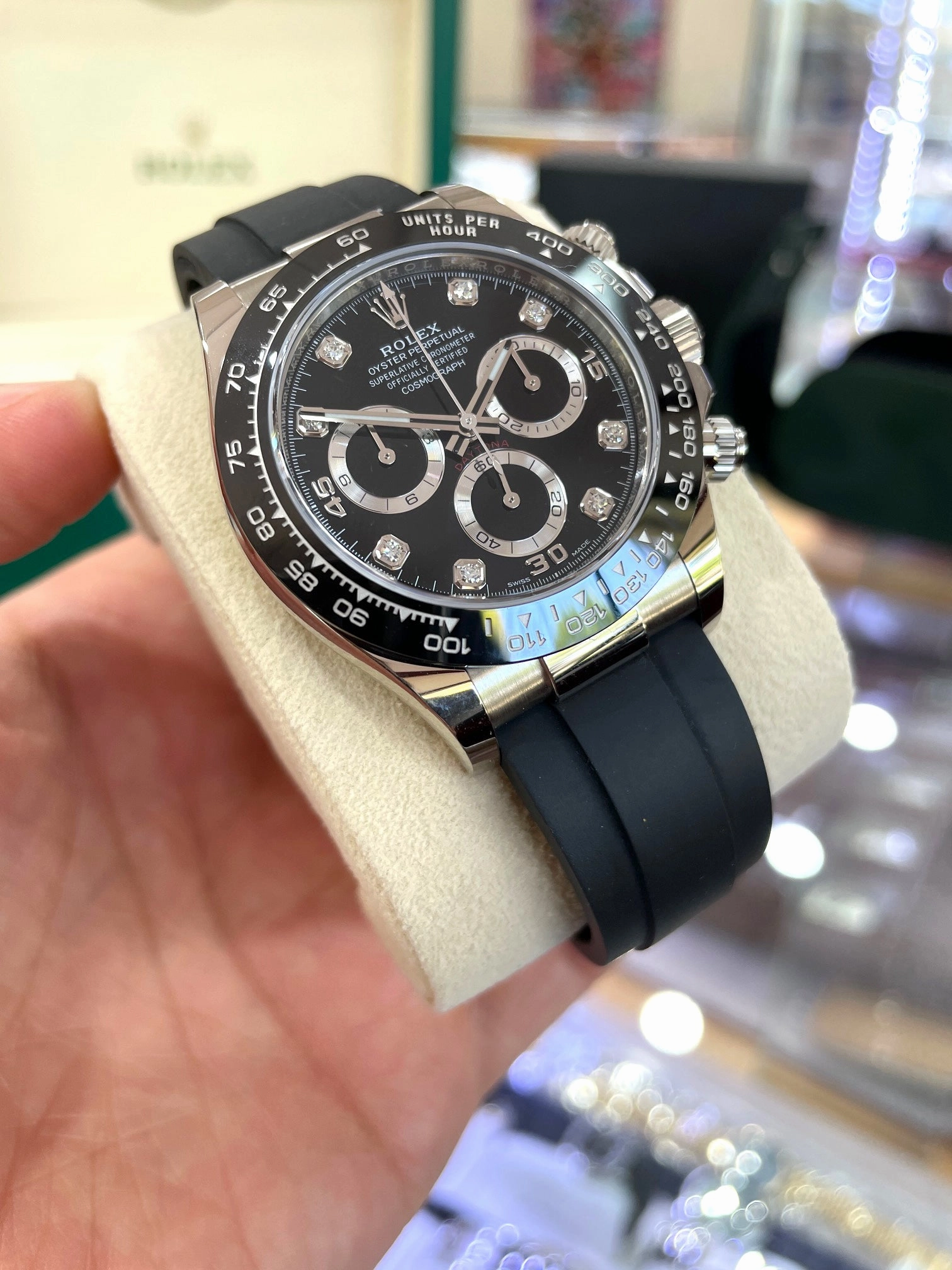 Rolex Daytona 116519LN Oysterflex Factory Black Diamond Dial 18k White Gold Box & Papers