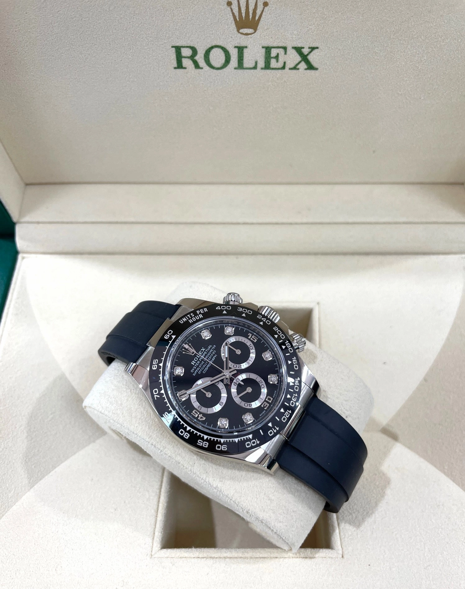 Rolex Daytona 116519LN Oysterflex Factory Black Diamond Dial 18k White Gold Box & Papers