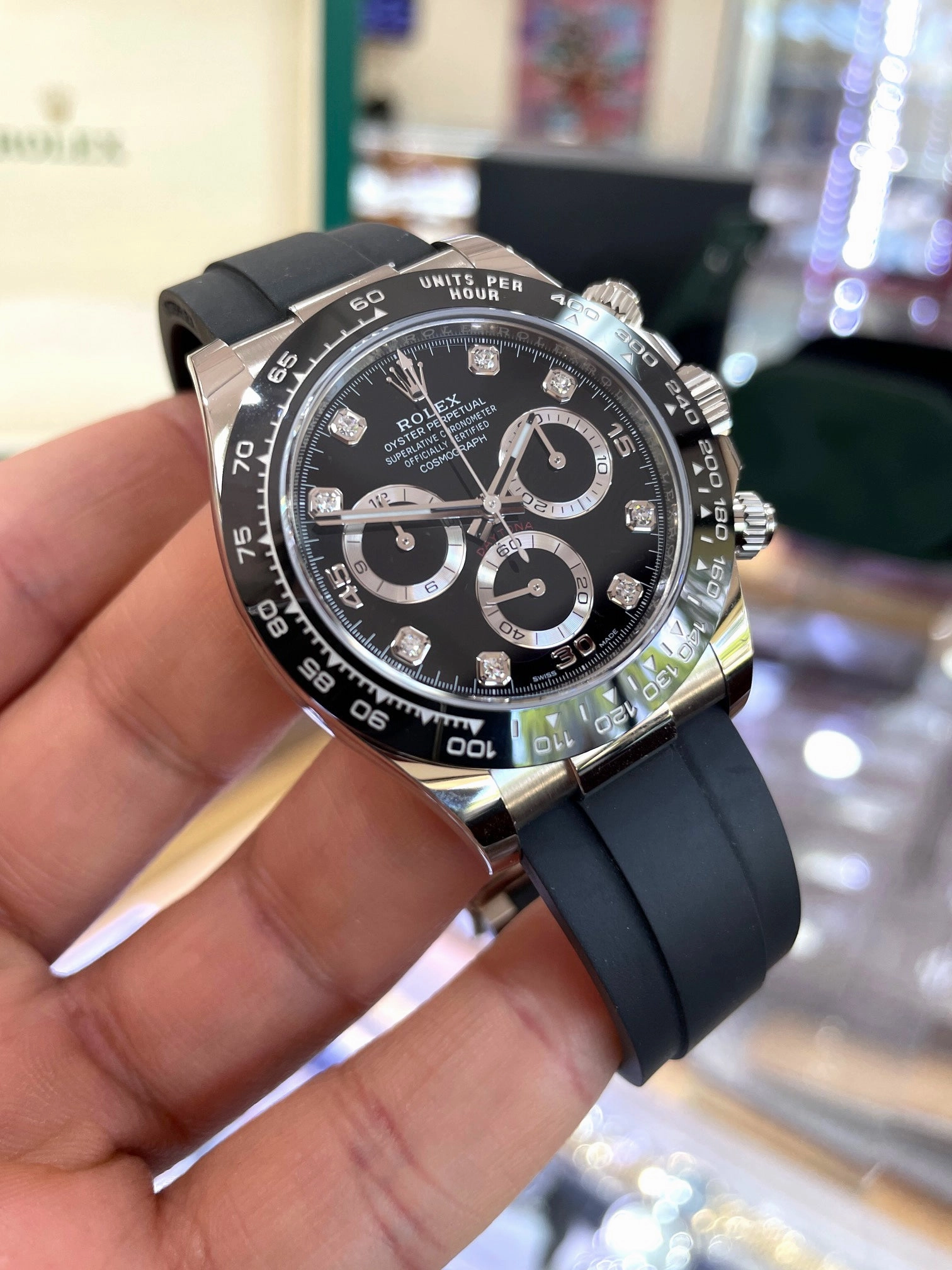 Rolex Daytona 116519LN Oysterflex Factory Black Diamond Dial 18k White Gold Box & Papers