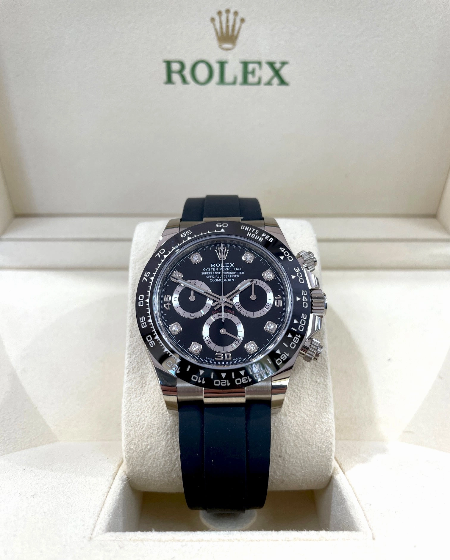 Rolex Daytona 116519LN Oysterflex Factory Black Diamond Dial 18k White Gold Box & Papers