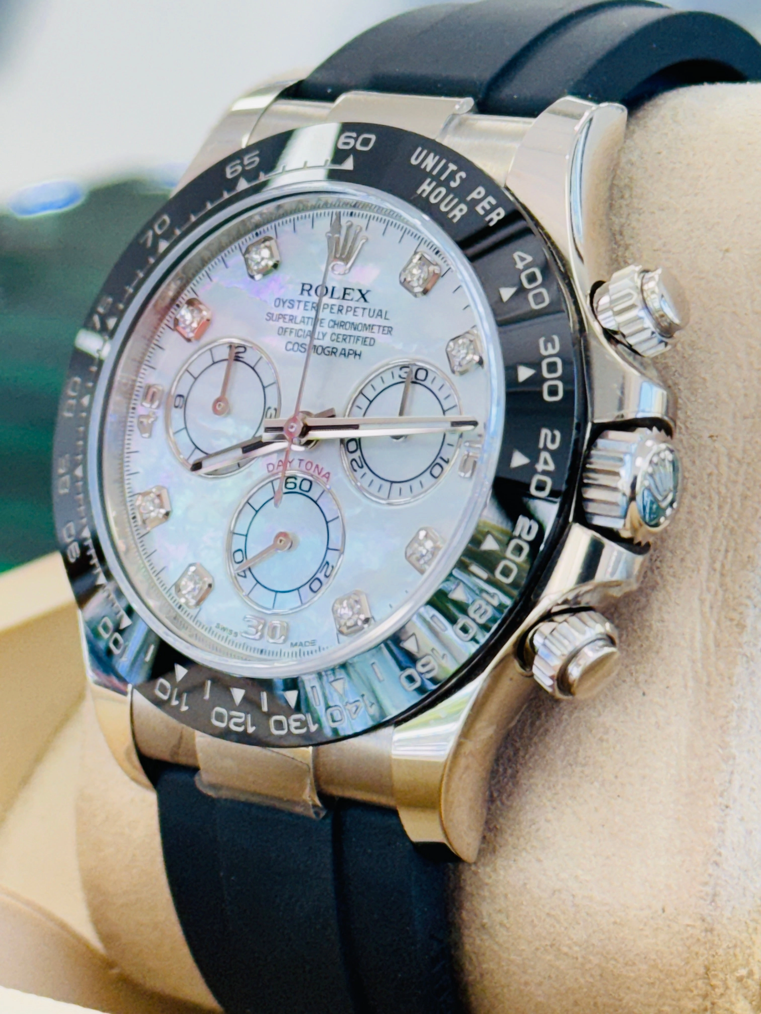 Rolex Daytona 116519LN  White Gold Oysterflex Factory  Mother Of Pearl Diamond Dial  Box And Papers  MINT