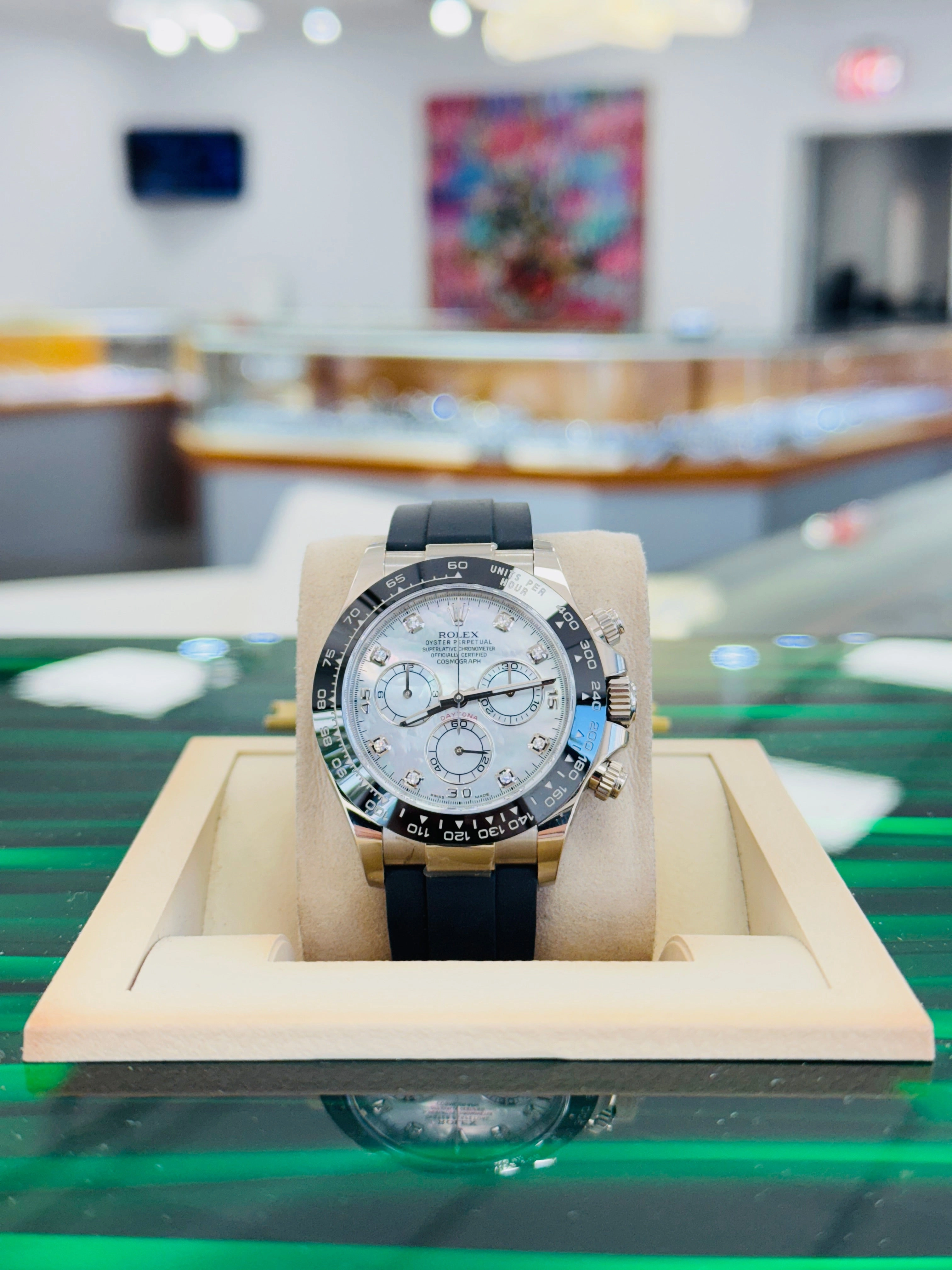 Rolex Daytona 116519LN  White Gold Oysterflex Factory  Mother Of Pearl Diamond Dial  Box And Papers  MINT