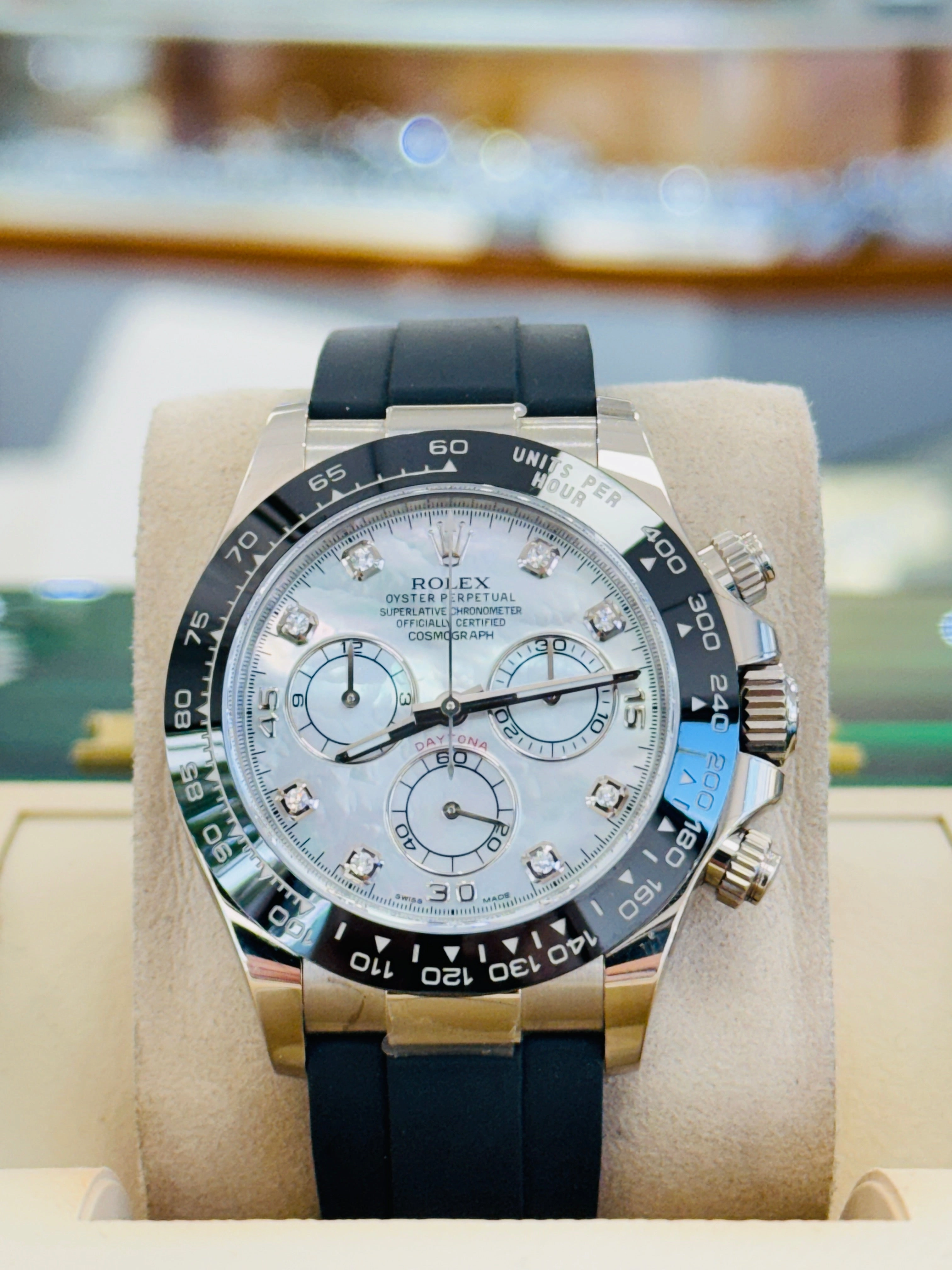 Rolex Daytona 116519LN  White Gold Oysterflex Factory  Mother Of Pearl Diamond Dial  Box And Papers  MINT