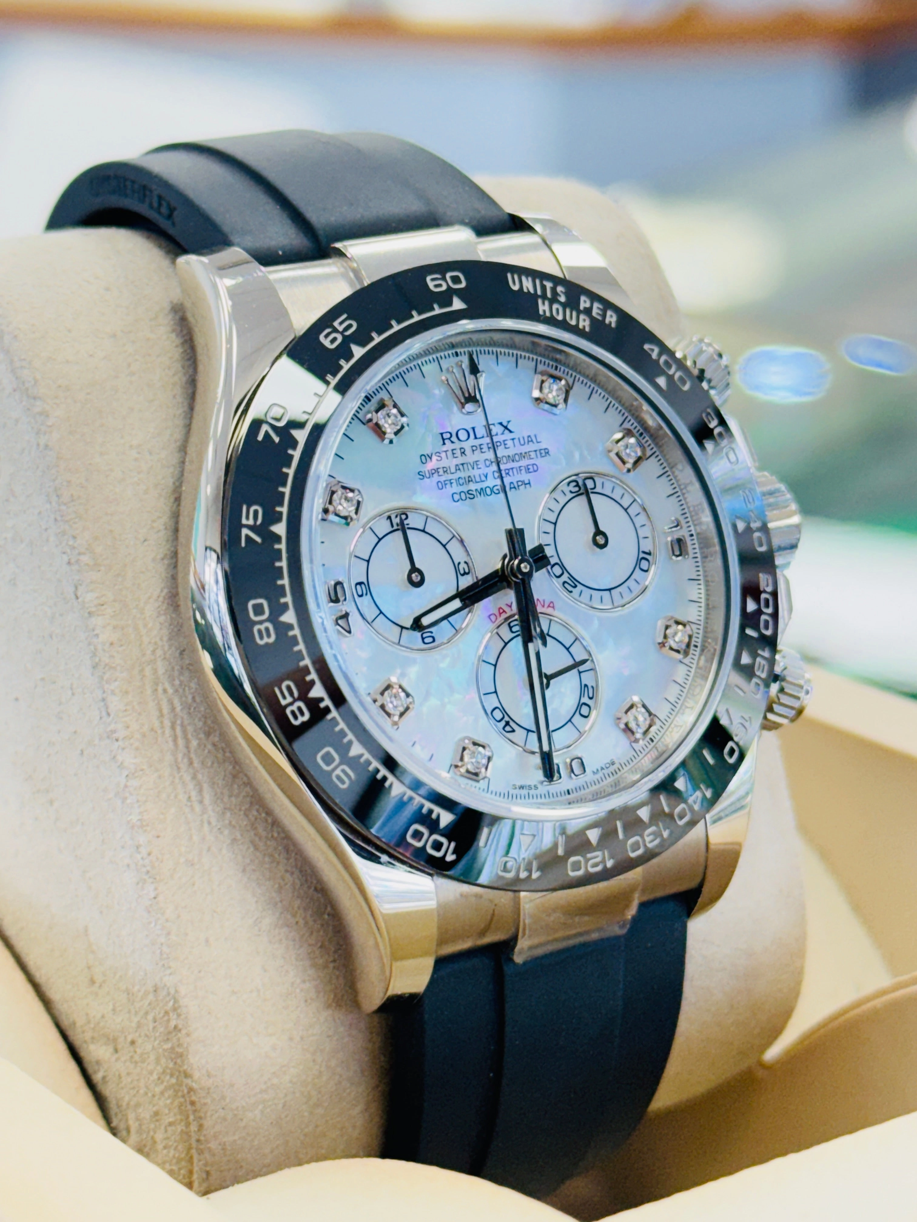 Rolex Daytona 116519LN  White Gold Oysterflex Factory  Mother Of Pearl Diamond Dial  Box And Papers  MINT