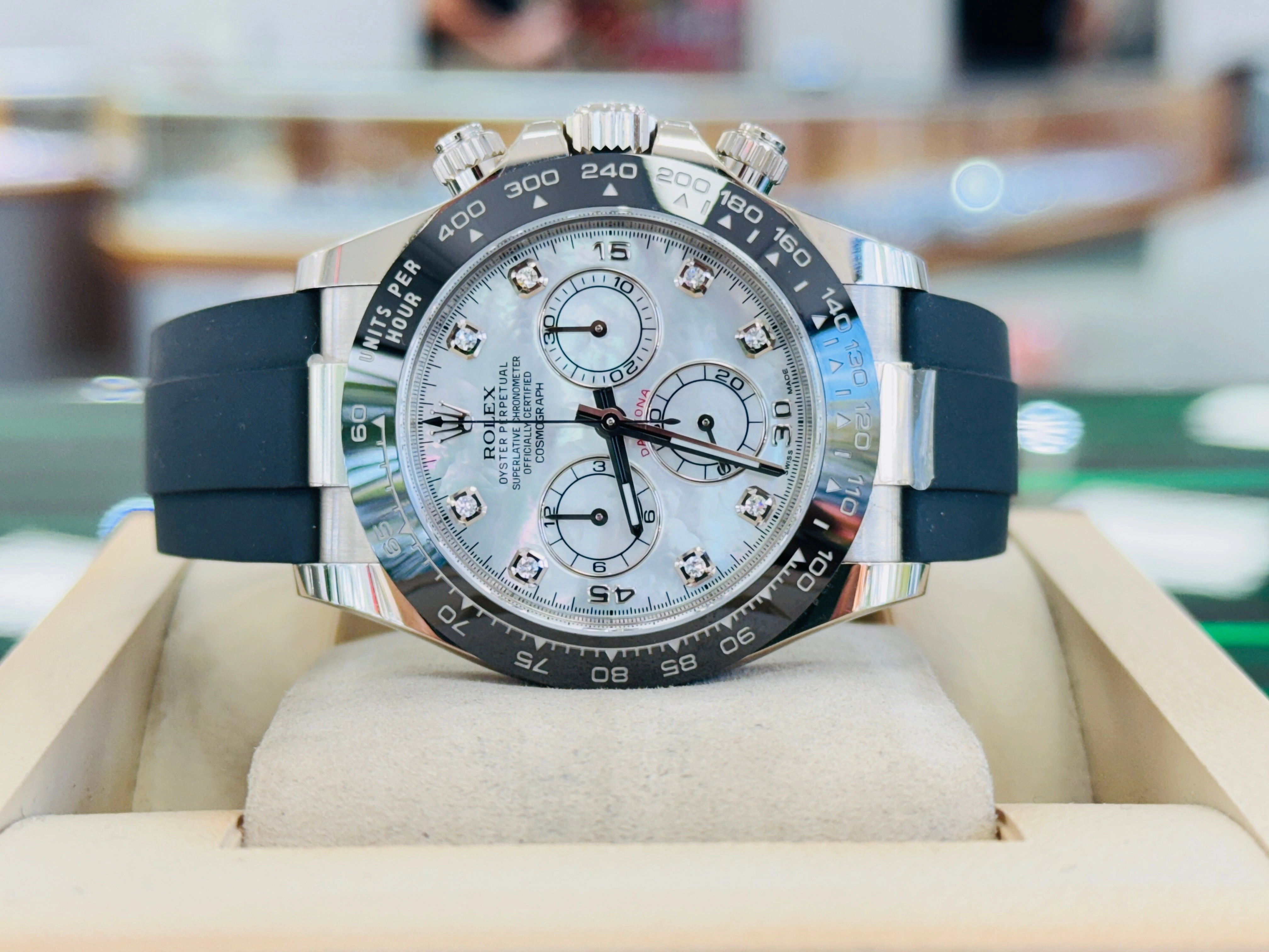 Rolex Daytona 116519LN  White Gold Oysterflex Factory  Mother Of Pearl Diamond Dial  Box And Papers  MINT