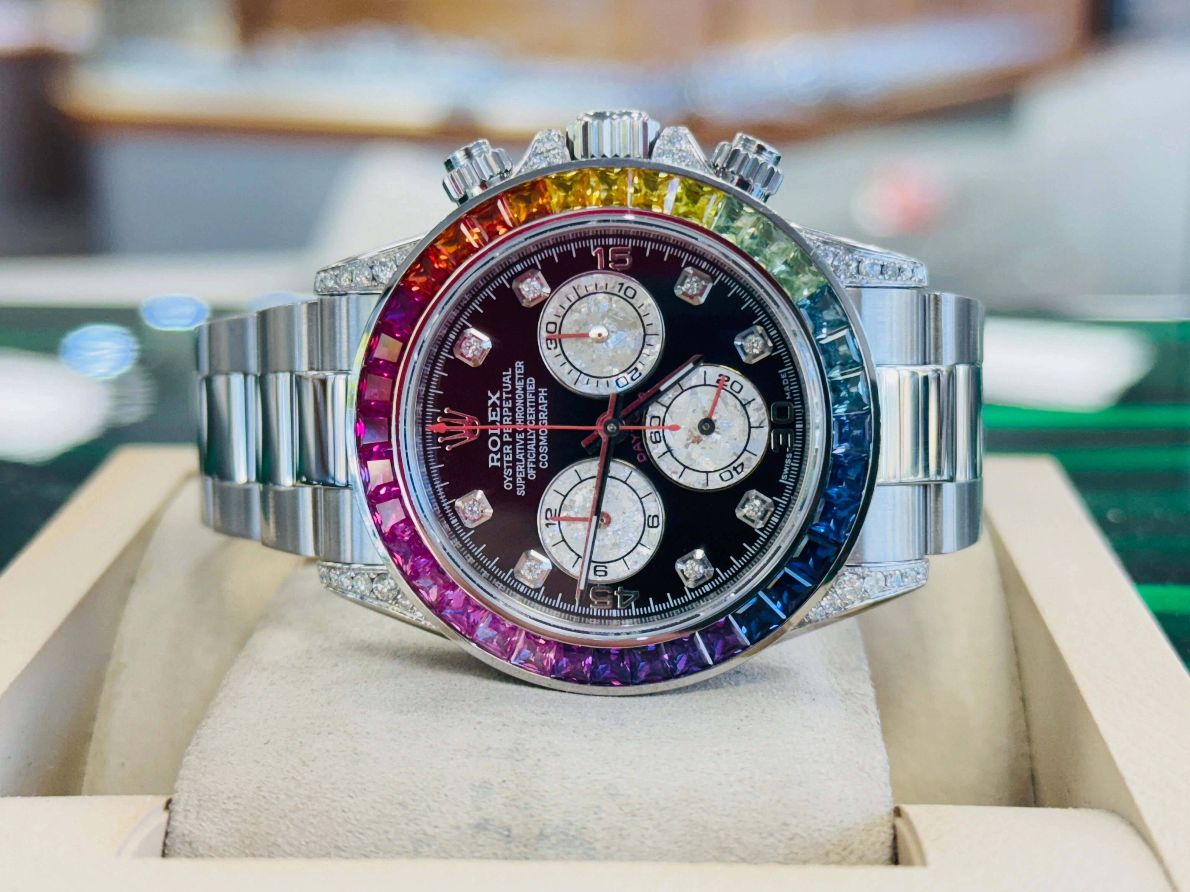 Rolex Daytona 116520 40mm Steel-Custom Rainbow Bezel-Diamond Lugs Black Dial