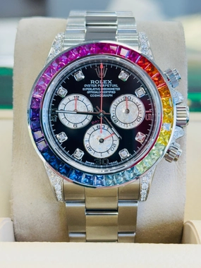 Rolex Daytona 116520 40mm Steel-Custom Rainbow Bezel-Diamond Lugs Black Dial