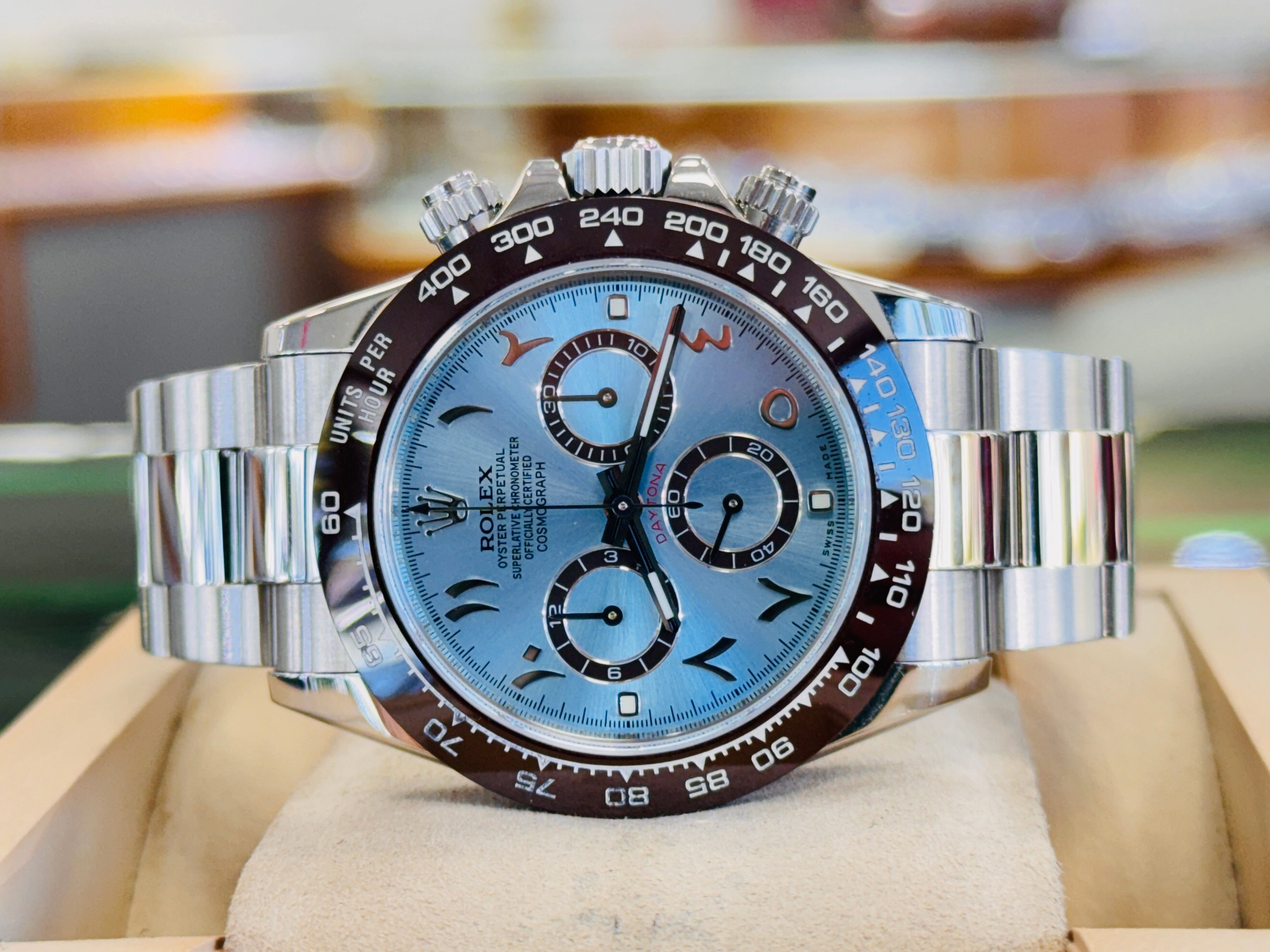 Rolex Daytona 116520 Cosmograph CUSTOM CERAMIC BEZEL CUSTOM BLUE ARABIC Dial Stainless Steel Oyster BOX/PAPERS MINT