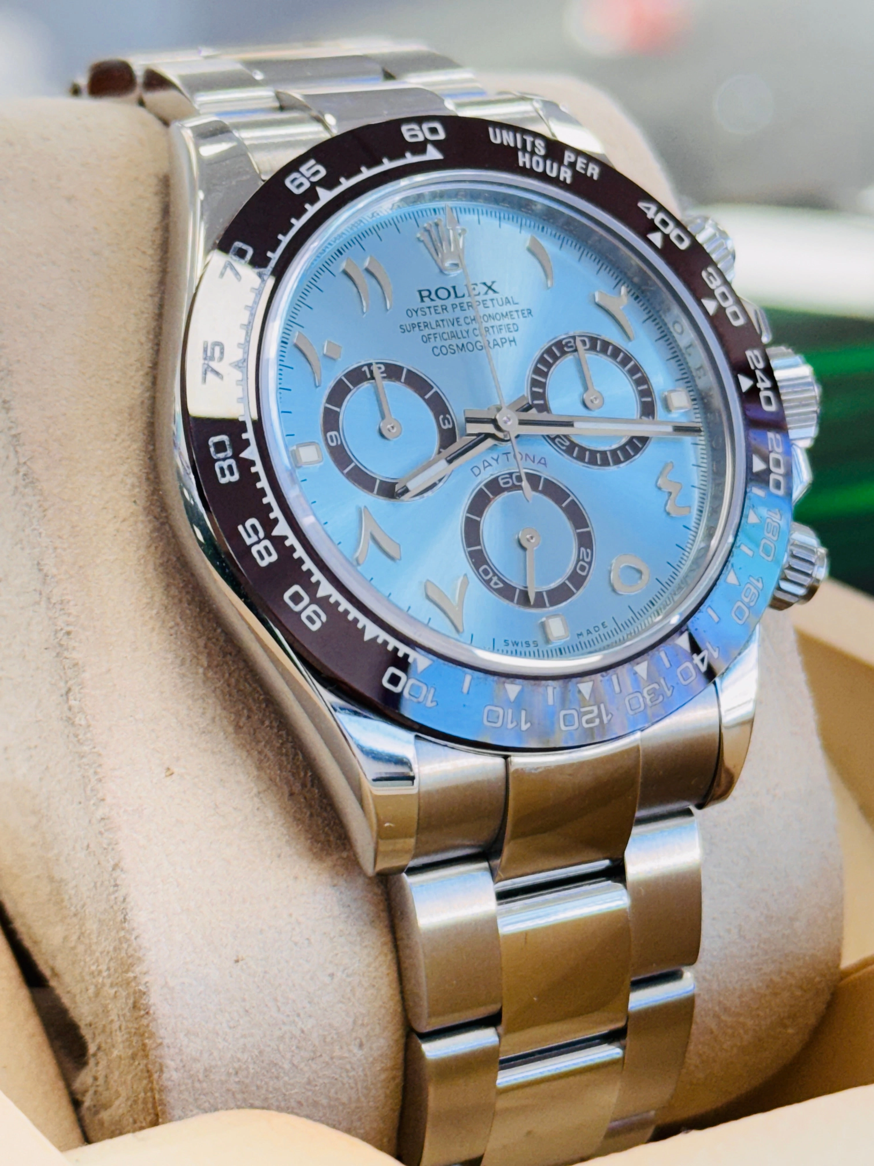 Rolex Daytona 116520 Cosmograph CUSTOM CERAMIC BEZEL CUSTOM BLUE ARABIC Dial Stainless Steel Oyster BOX/PAPERS MINT