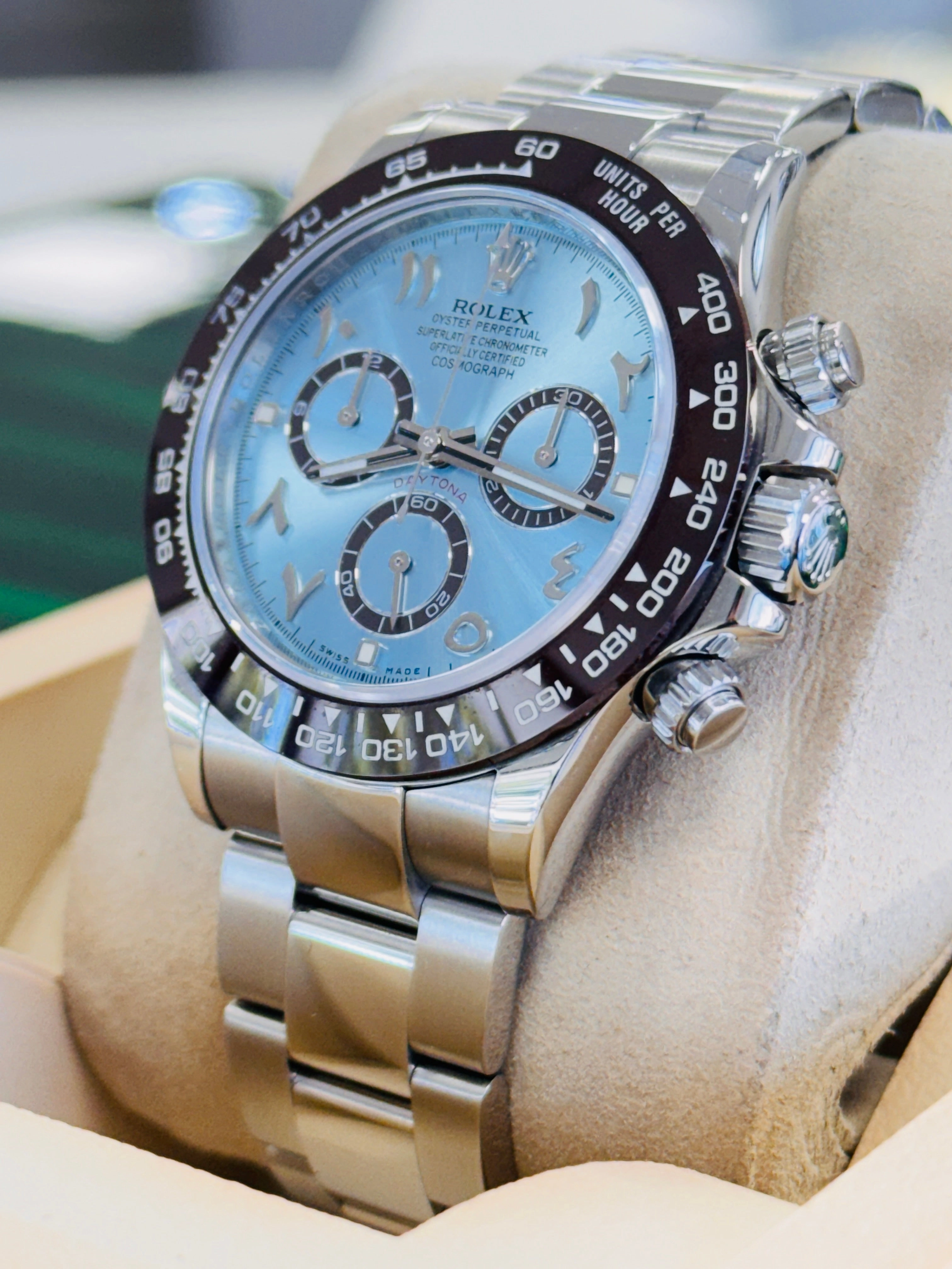 Rolex Daytona 116520 Cosmograph CUSTOM CERAMIC BEZEL CUSTOM BLUE ARABIC Dial Stainless Steel Oyster BOX/PAPERS MINT
