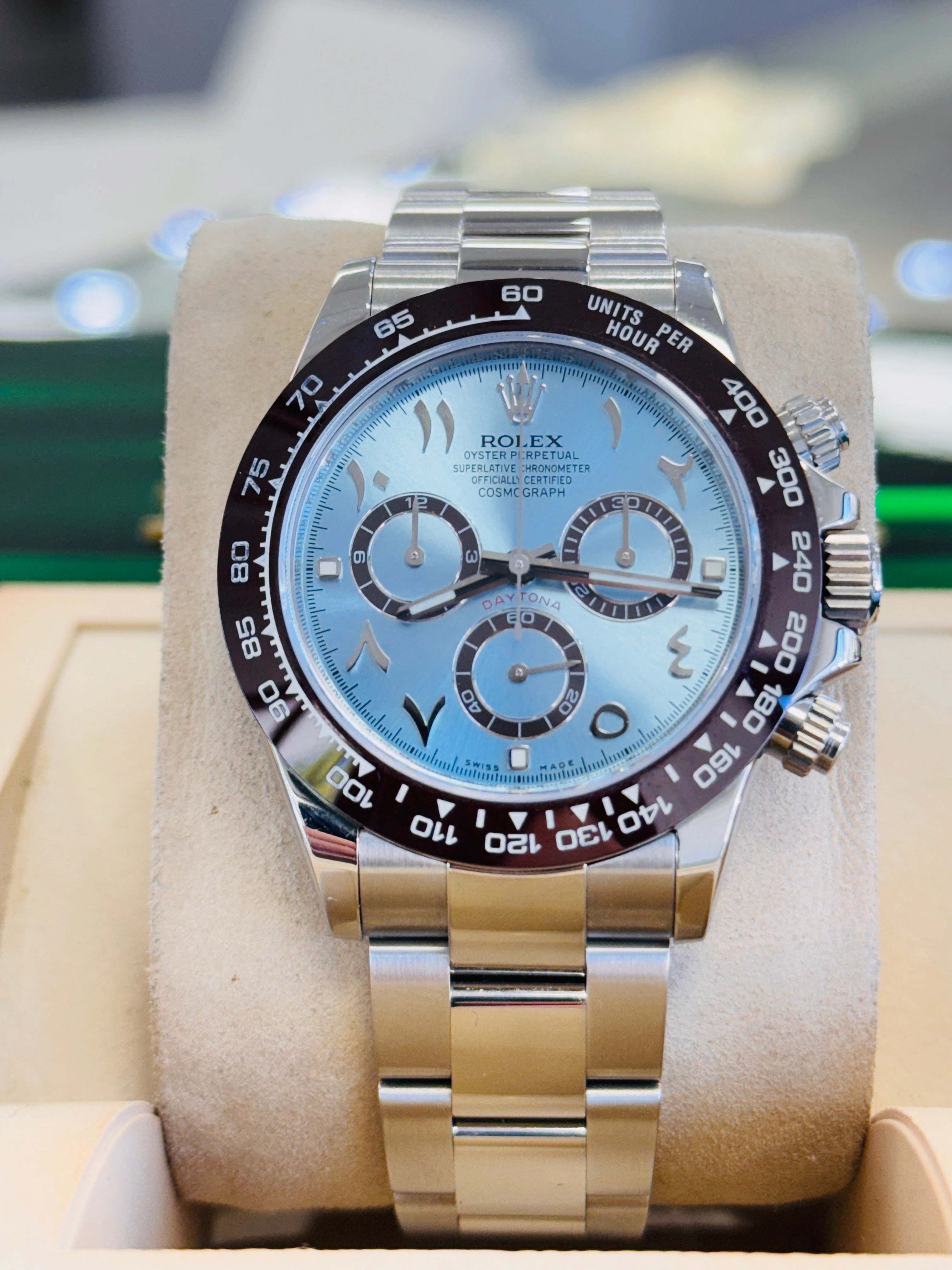 Rolex Daytona 116520 Cosmograph CUSTOM CERAMIC BEZEL CUSTOM BLUE ARABIC Dial Stainless Steel Oyster BOX/PAPERS MINT