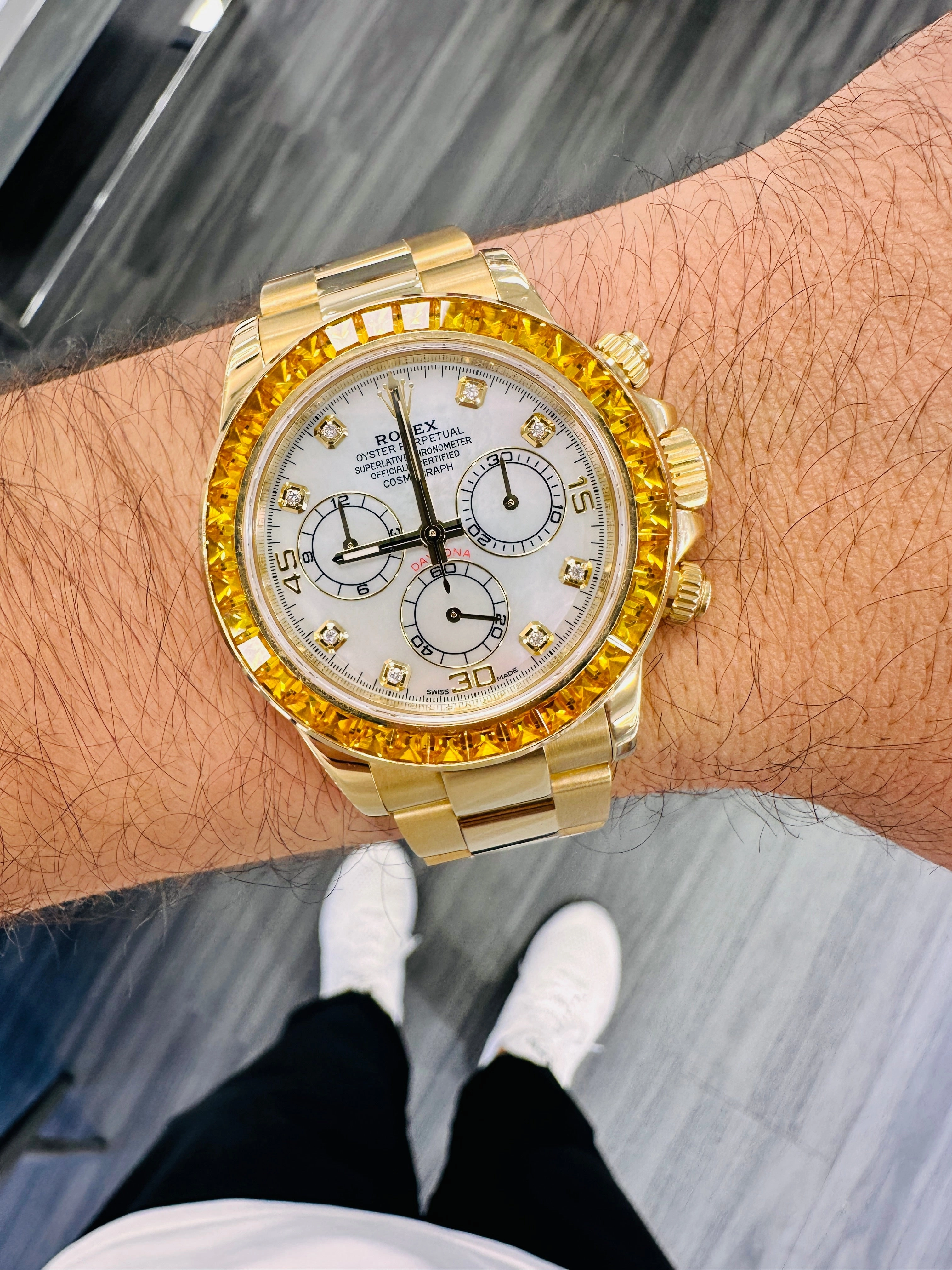 Rolex Daytona 116528 18K Yellow Gold Oyster Perpetual Cosmograph Custom Sapphire Bezel and Custom MOP Dial Box and Papers PreOwned