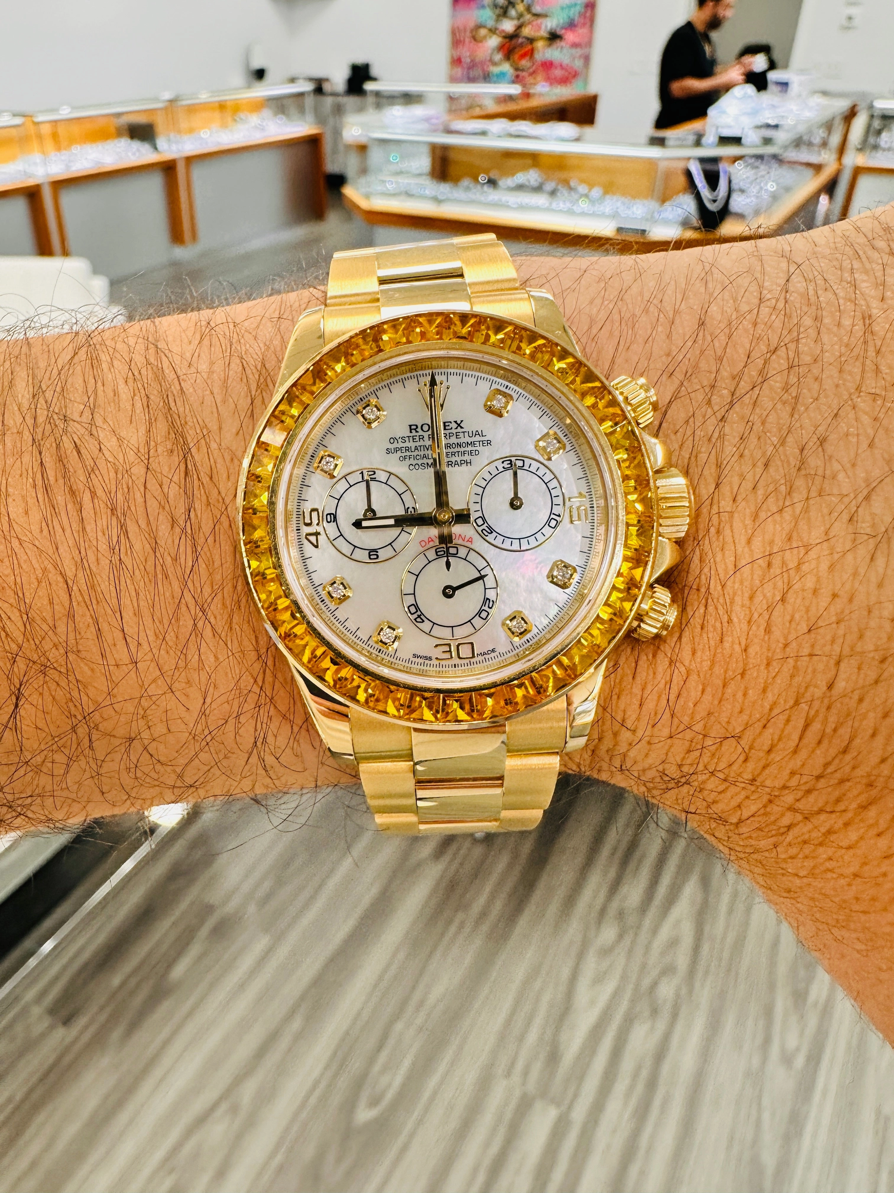 Rolex Daytona 116528 18K Yellow Gold Oyster Perpetual Cosmograph Custom Sapphire Bezel and Custom MOP Dial Box and Papers PreOwned