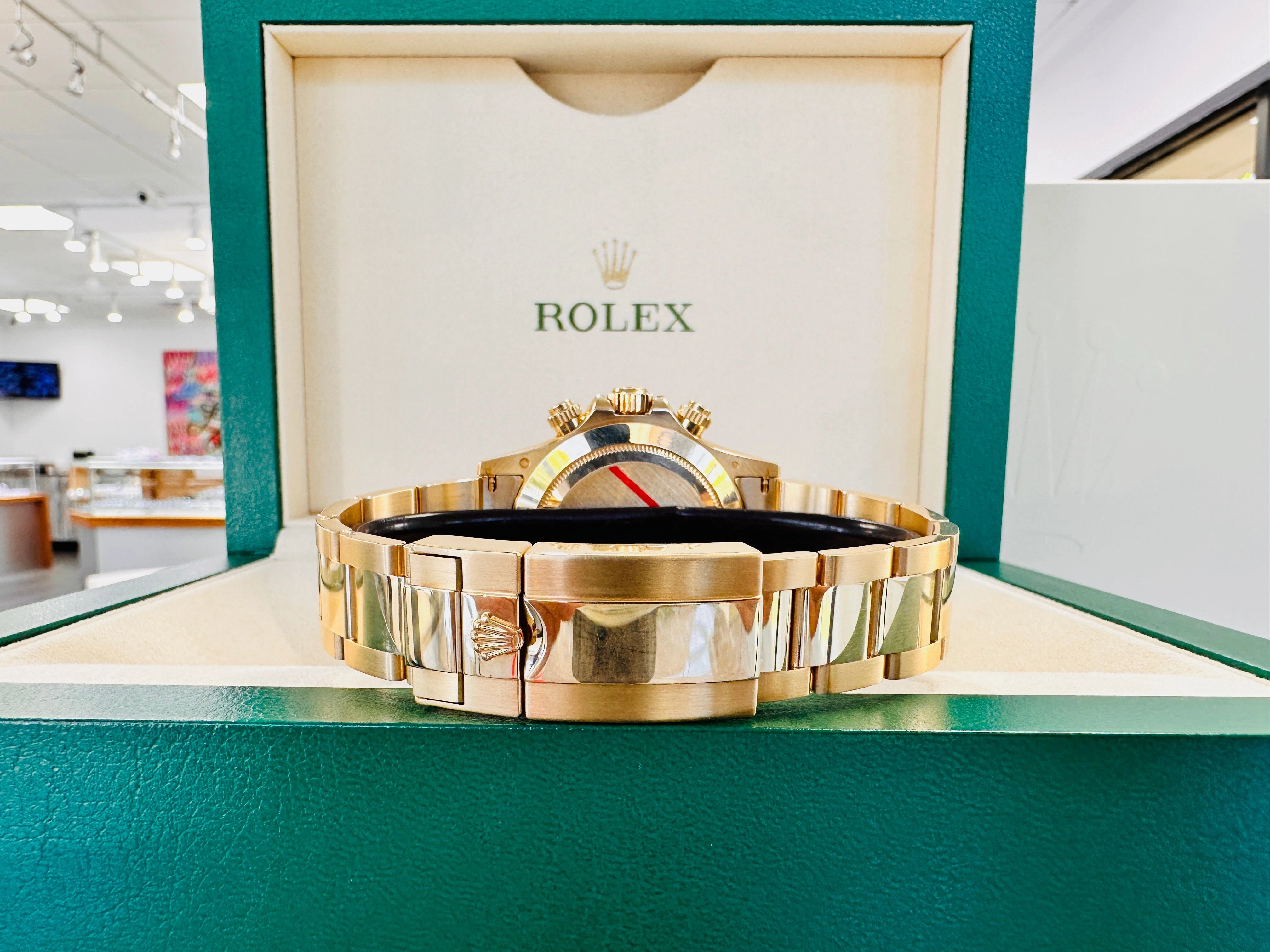 Rolex Daytona 116528 18K Yellow Gold Oyster Perpetual Cosmograph Custom Sapphire Bezel and Custom MOP Dial Box and Papers PreOwned