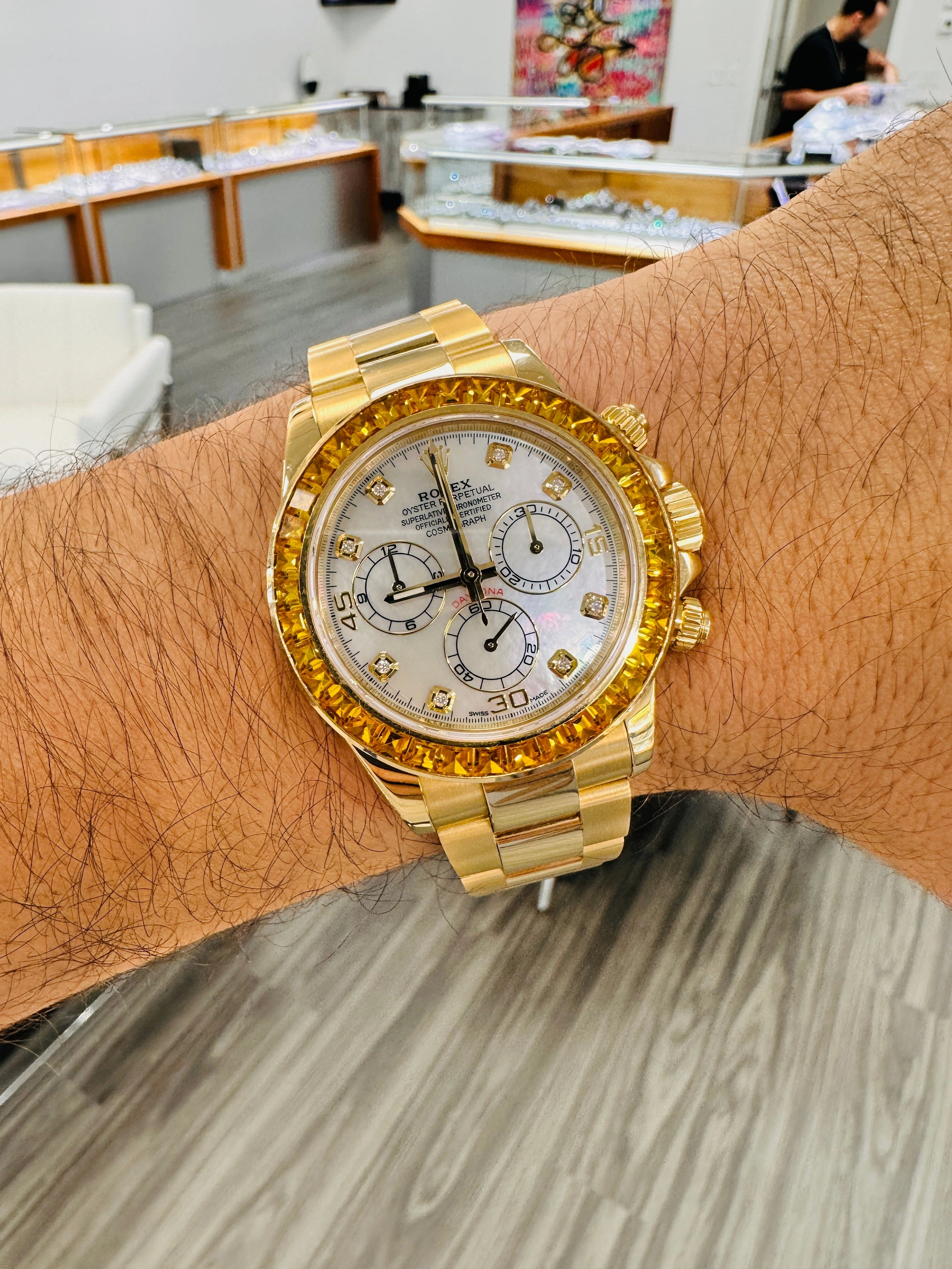Rolex Daytona 116528 18K Yellow Gold Oyster Perpetual Cosmograph Custom Sapphire Bezel and Custom MOP Dial Box and Papers PreOwned