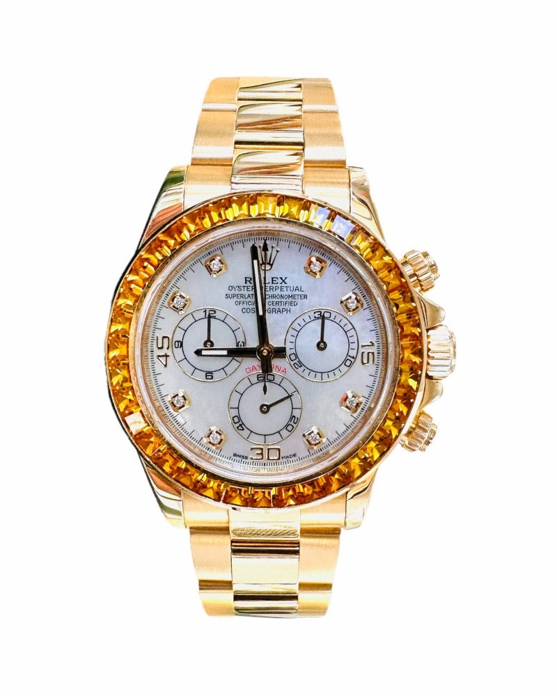 Rolex Daytona 116528 18K Yellow Gold Oyster Perpetual Cosmograph Custom Sapphire Bezel and Custom MOP Dial Box and Papers PreOwned