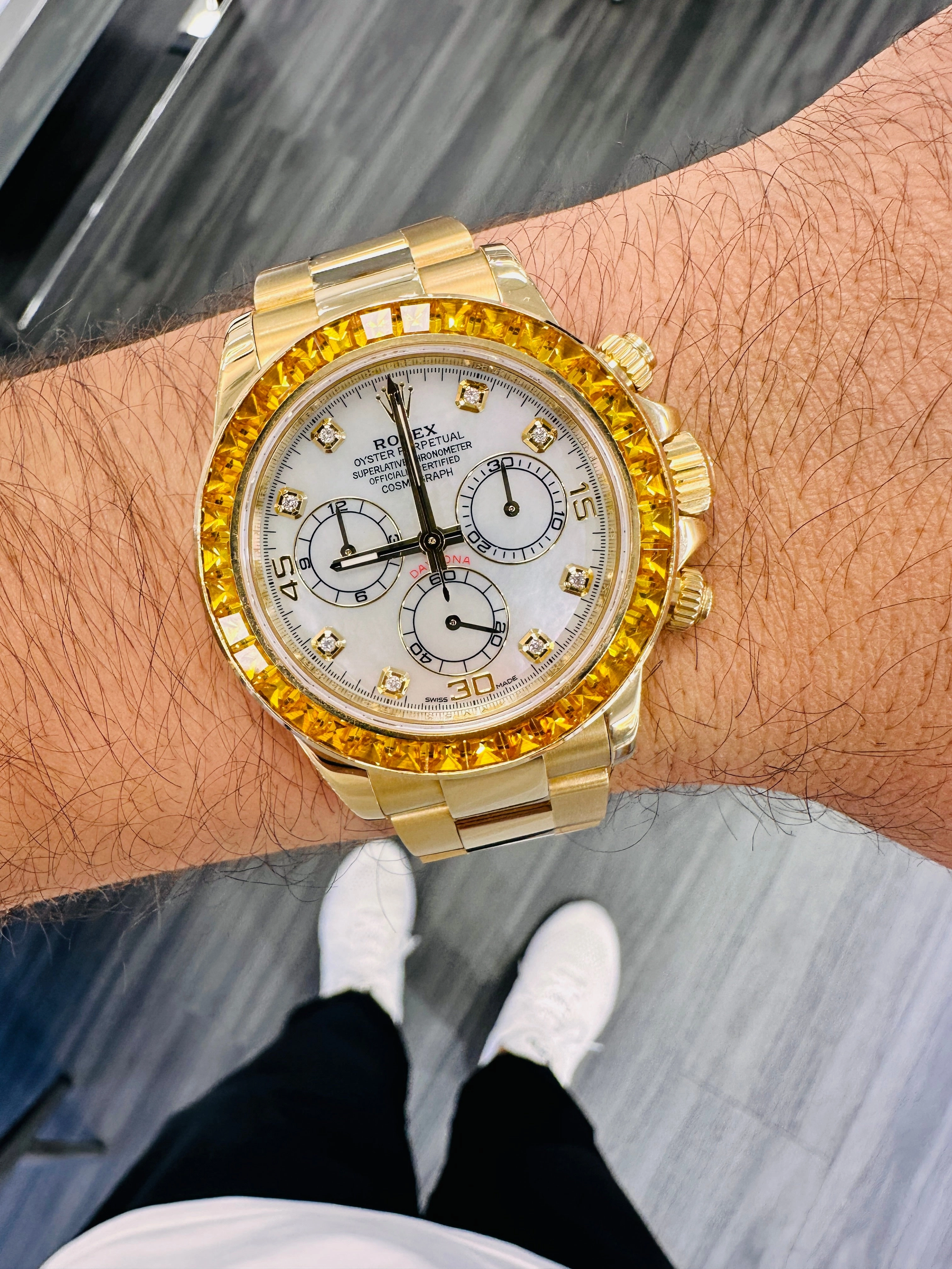 Rolex Daytona 116528 18K Yellow Gold Oyster Perpetual Cosmograph Custom Sapphire Bezel and Custom MOP Dial Box and Papers PreOwned