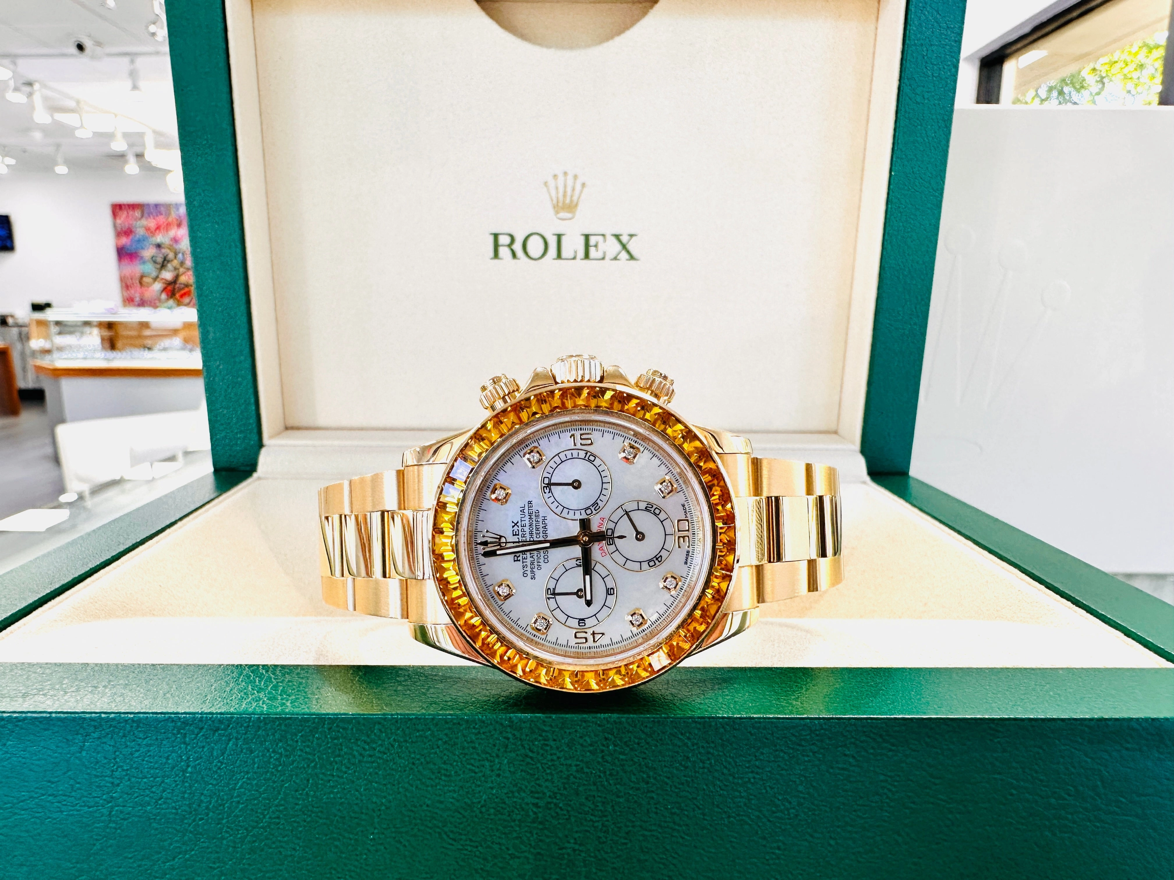 Rolex Daytona 116528 18K Yellow Gold Oyster Perpetual Cosmograph Custom Sapphire Bezel and Custom MOP Dial Box and Papers PreOwned