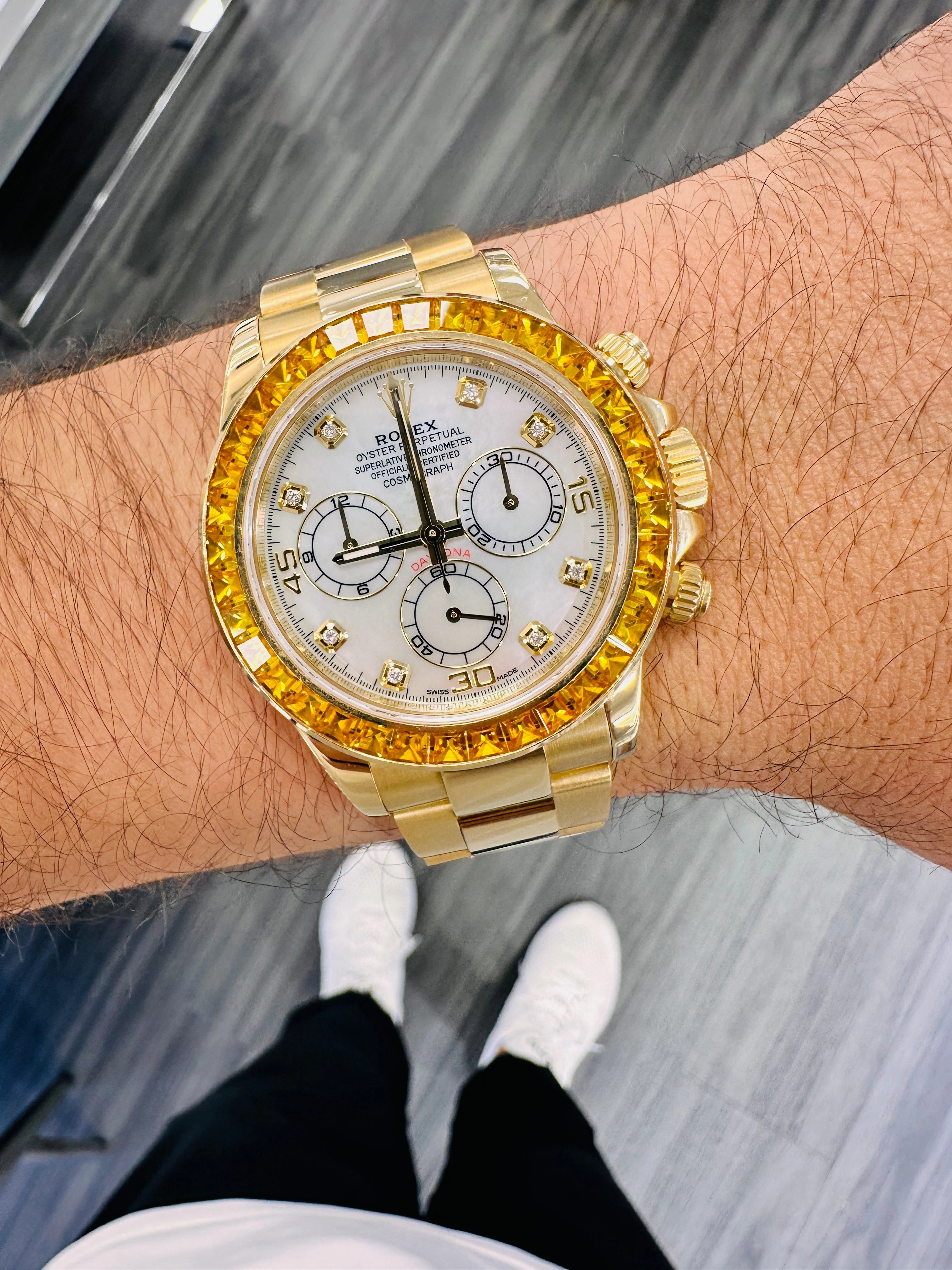 Rolex Daytona 116528 18K Yellow Gold Oyster Perpetual Cosmograph Custom Sapphire Bezel and Custom MOP Dial Box and Papers PreOwned