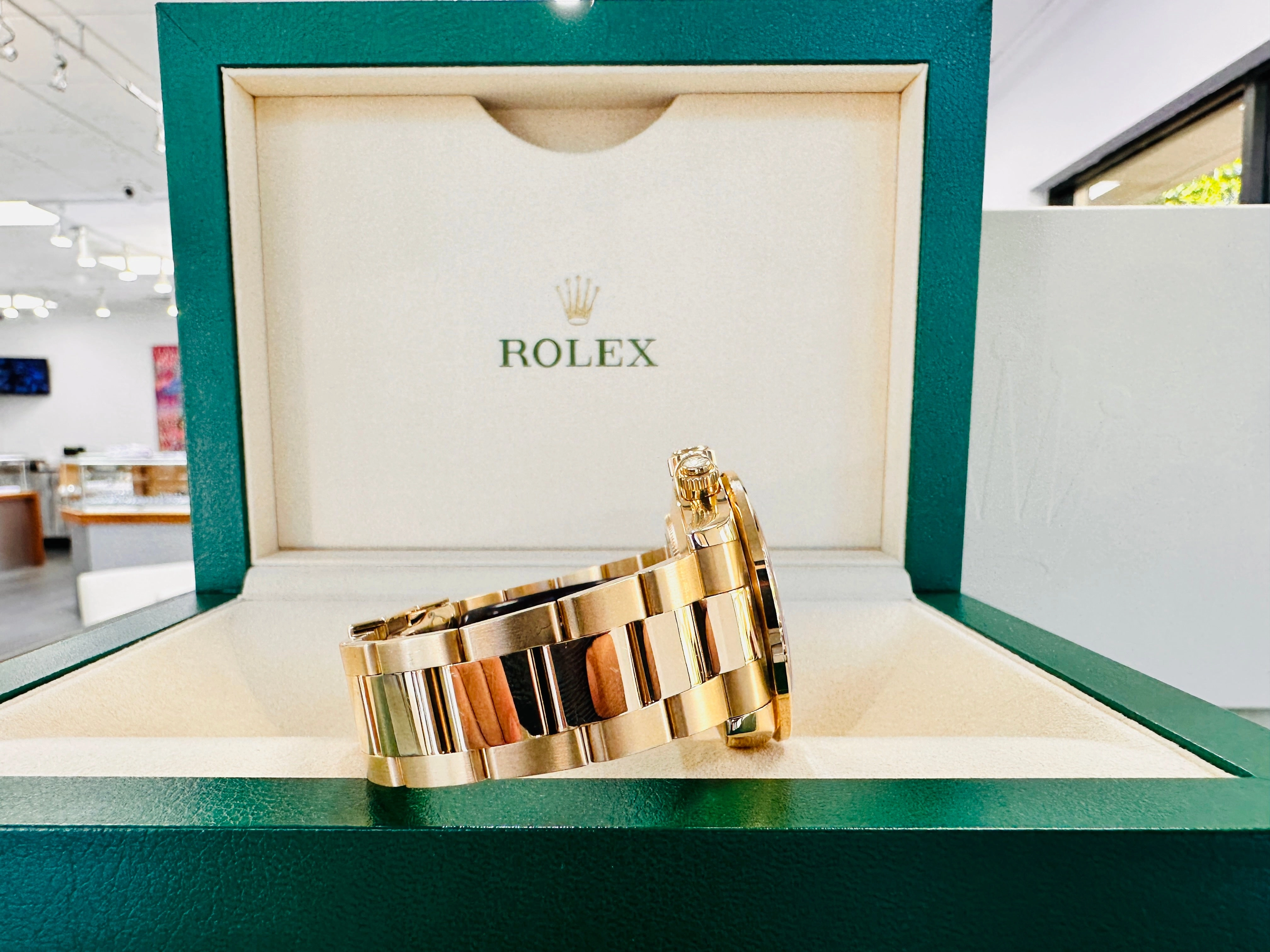Rolex Daytona 116528 18K Yellow Gold Oyster Perpetual Cosmograph Custom Sapphire Bezel and Custom MOP Dial Box and Papers PreOwned