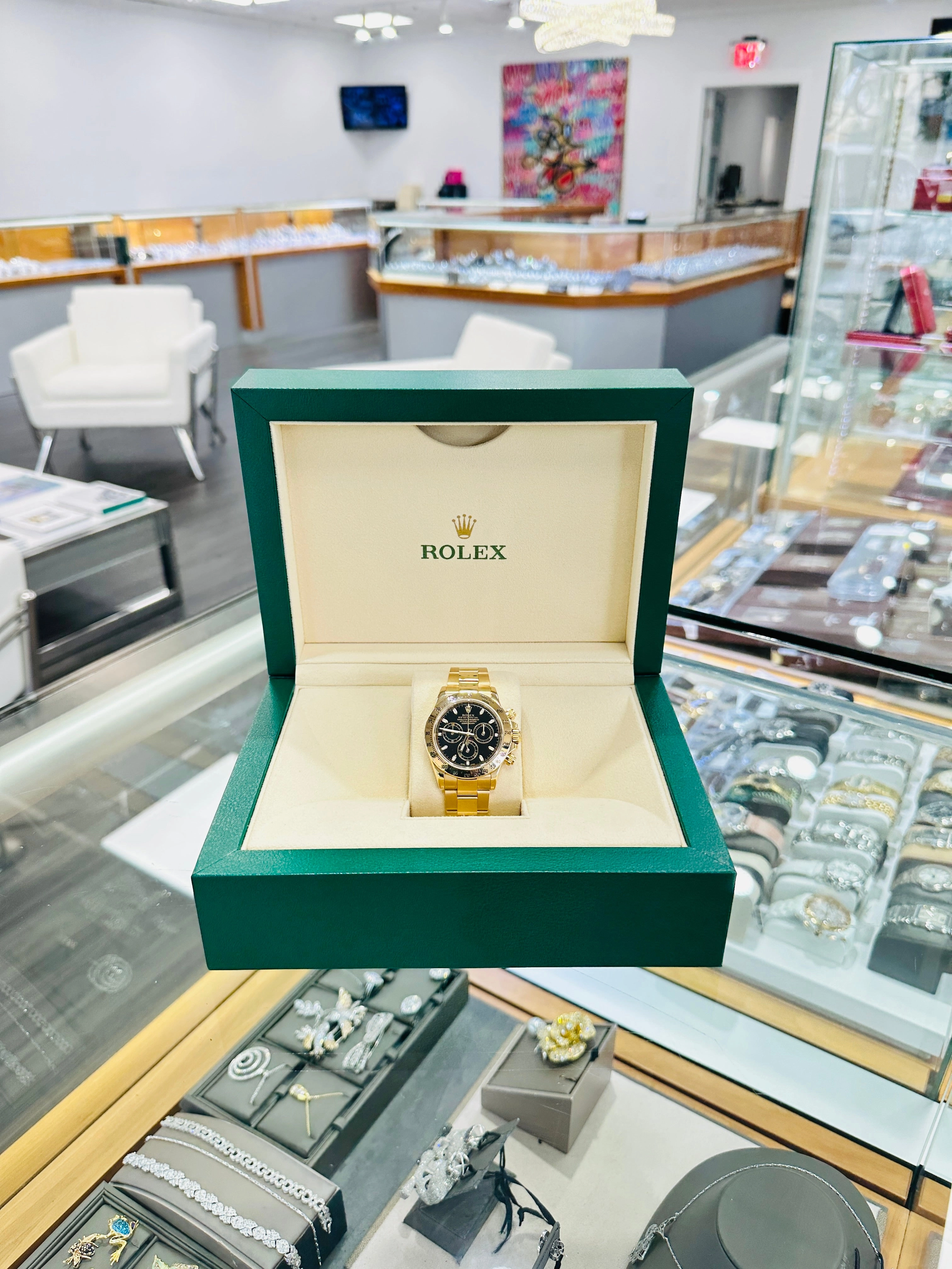 Rolex Daytona 116528 Black Dial Yellow Gold PreOwned Box