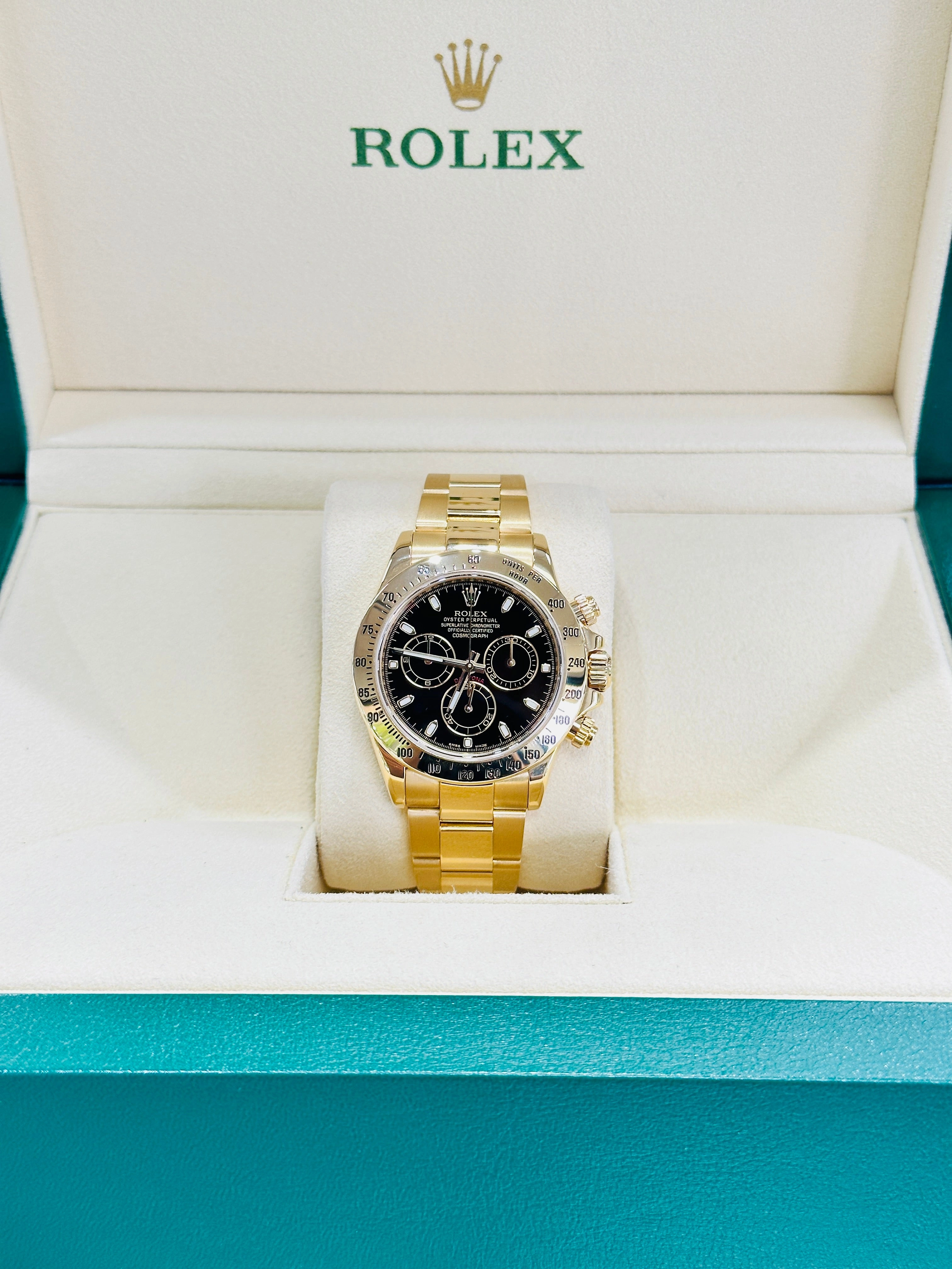 Rolex Daytona 116528 Black Dial Yellow Gold PreOwned Box