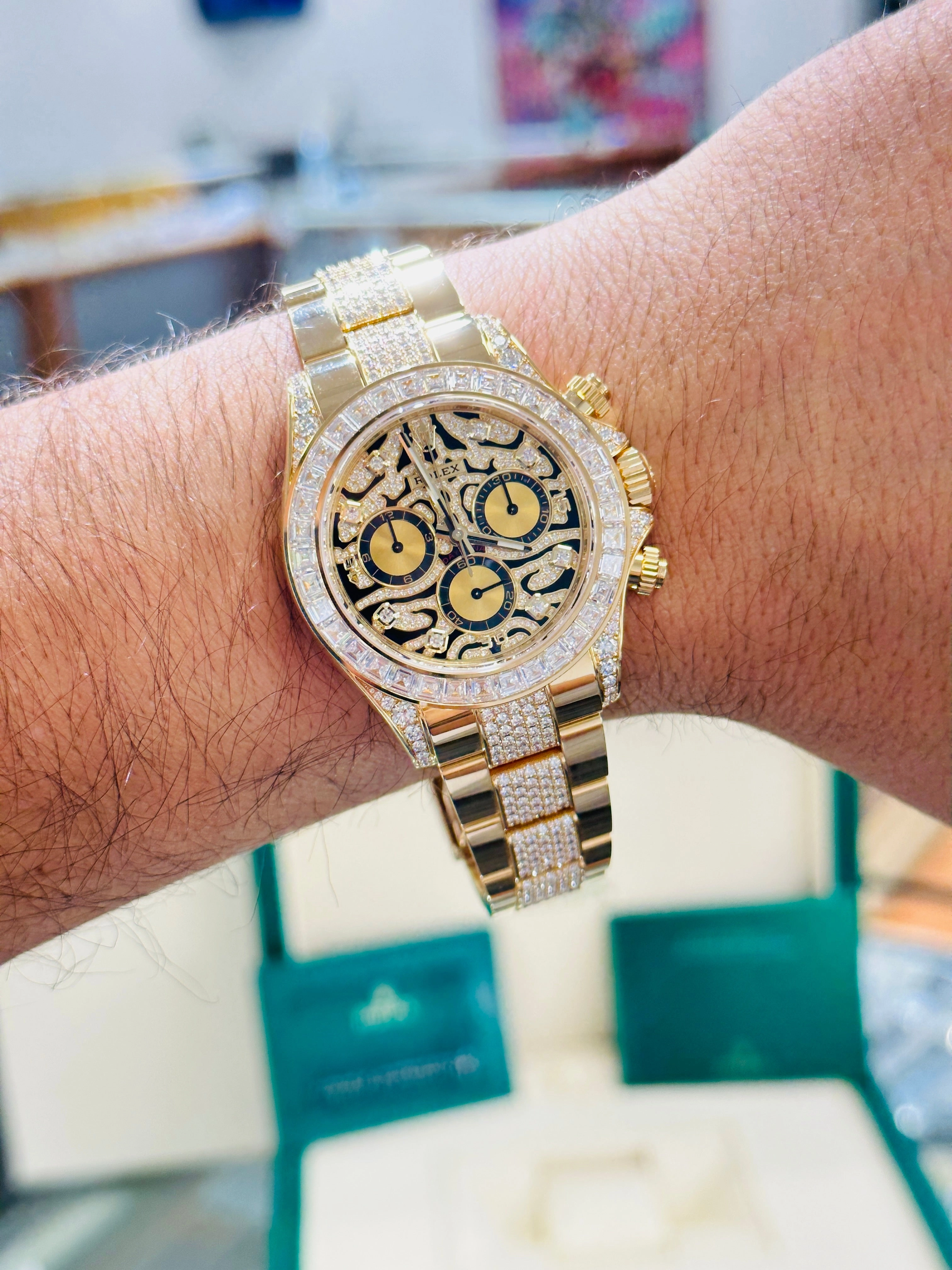 Rolex Daytona 116598TBR Factory Eye of the Tiger 18K Yellow Gold Pave Index Dial and Diamond