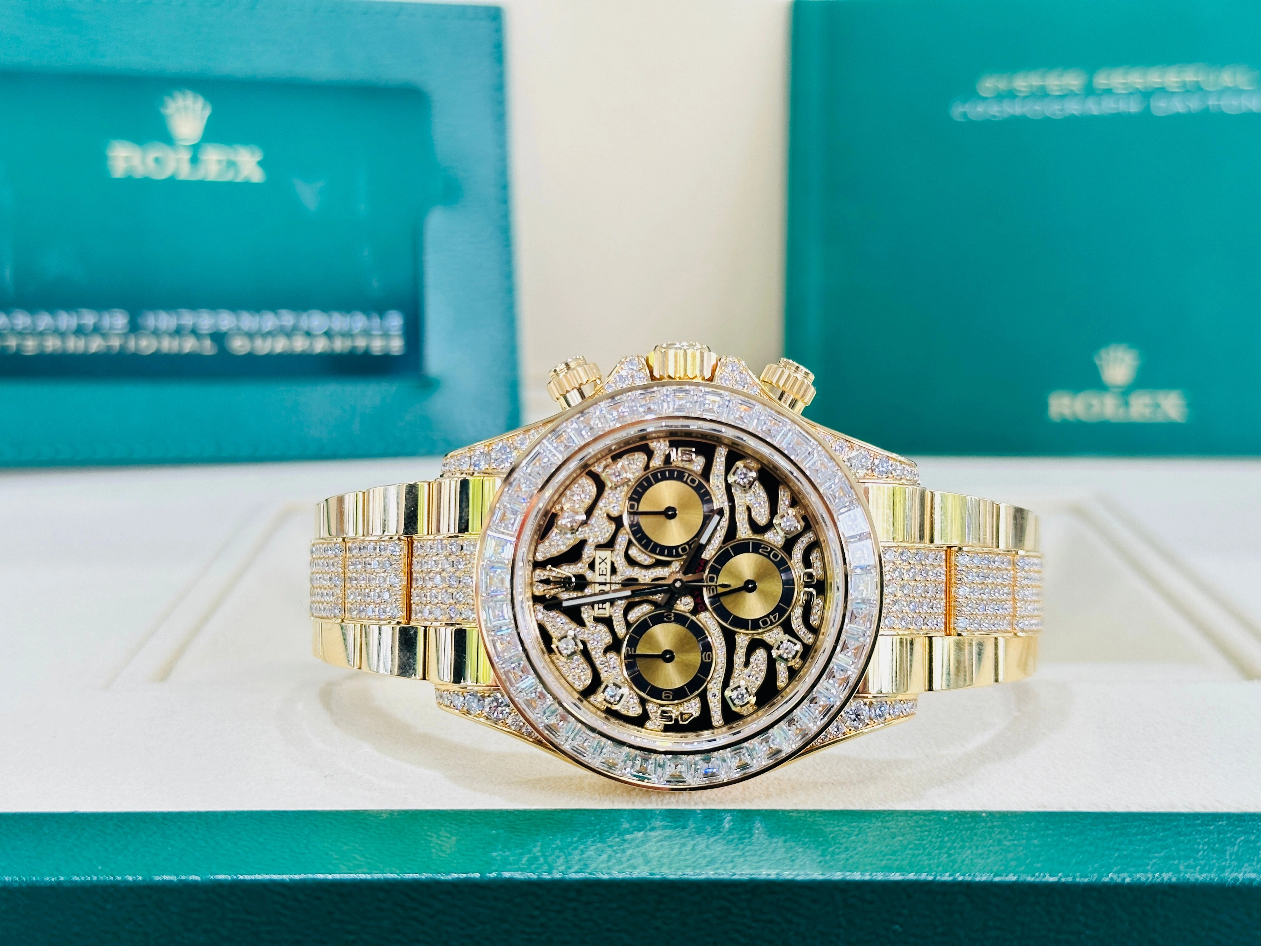 Rolex Daytona 116598TBR Factory Eye of the Tiger 18K Yellow Gold Pave Index Dial and Diamond