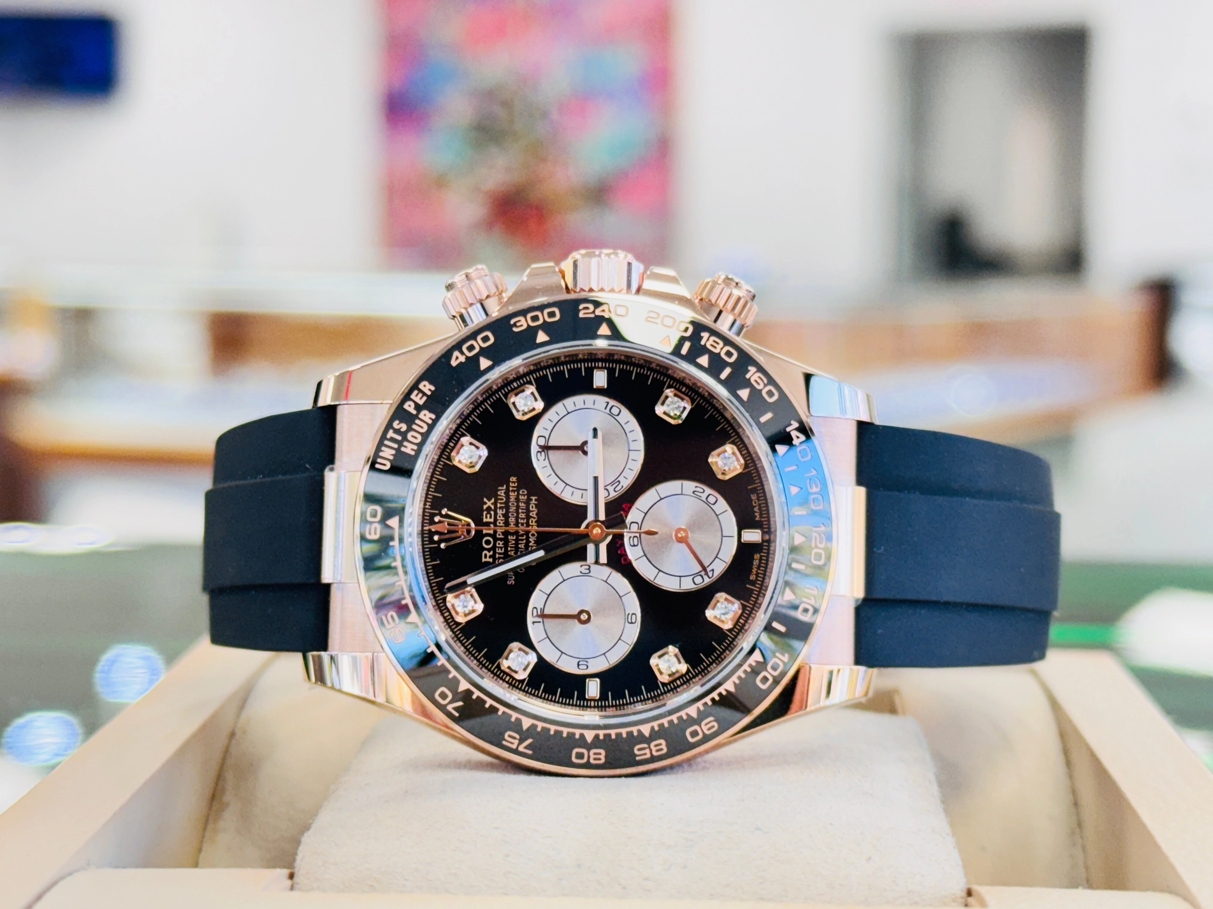 Rolex Daytona 126515LN Rose Gold Oysterflex Factory Black Diamond Dial Unworn Box and Papers