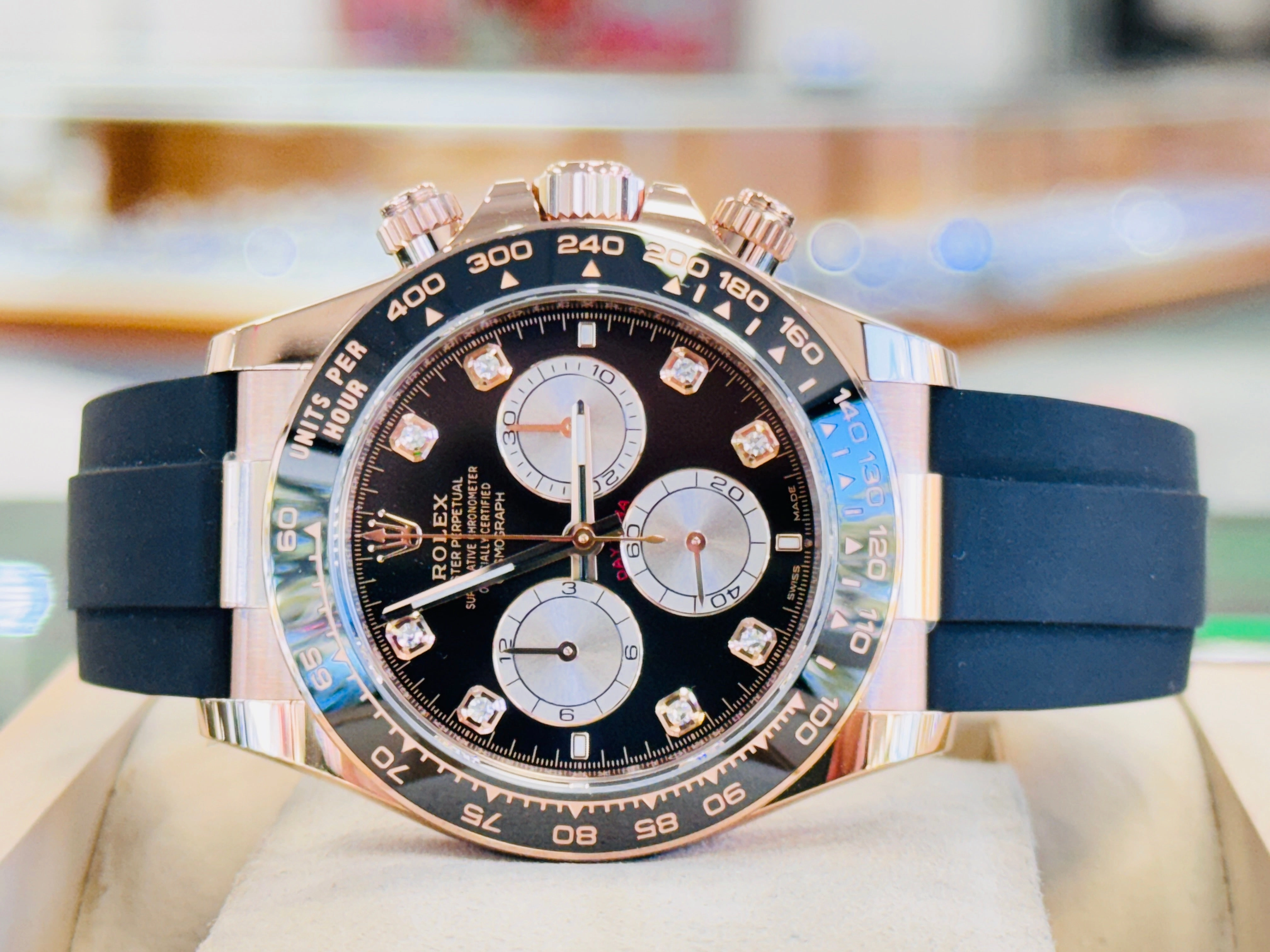 Rolex Daytona 126515LN Rose Gold Oysterflex Factory Black Diamond Dial Unworn Box and Papers