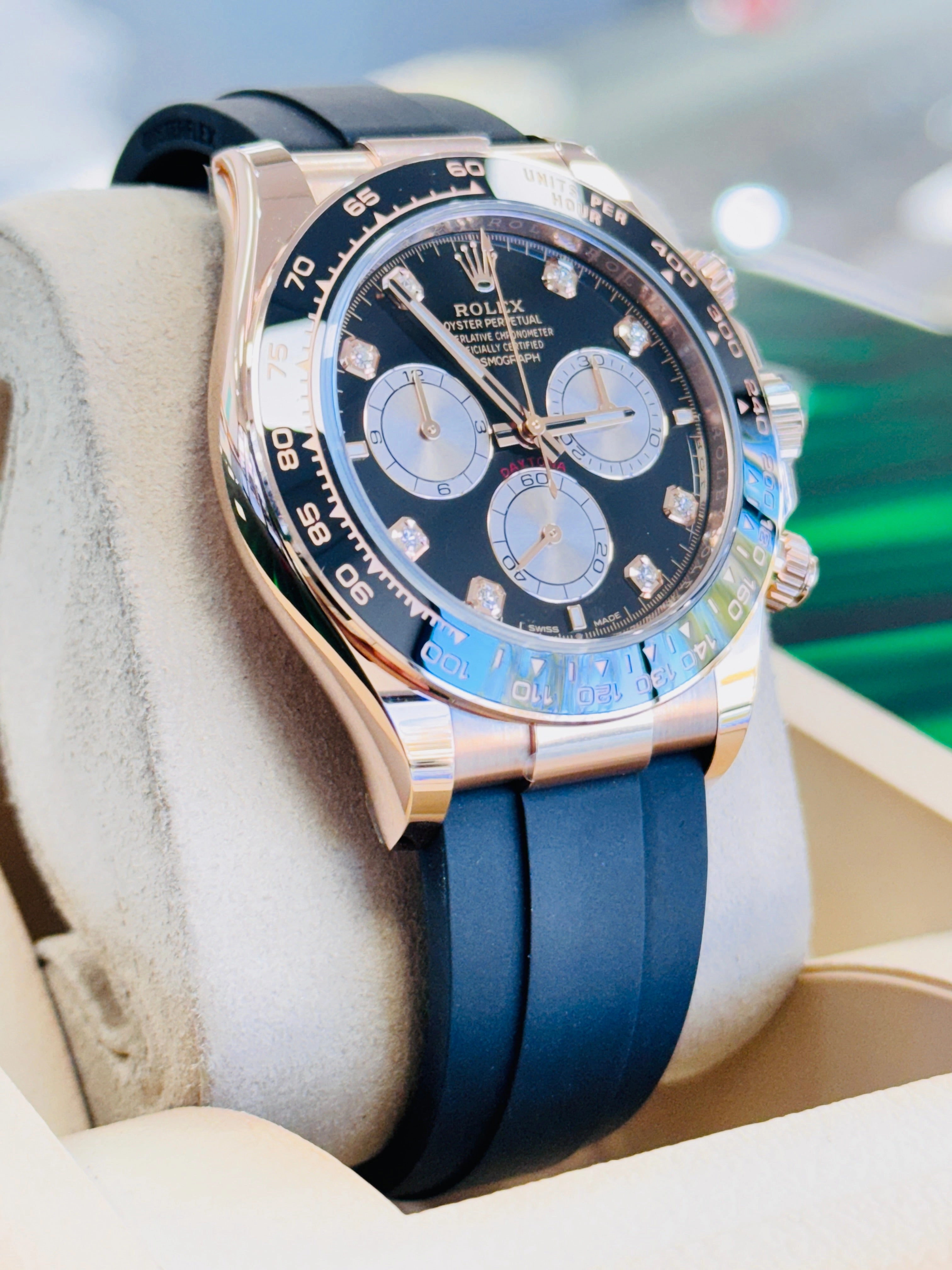 Rolex Daytona 126515LN Rose Gold Oysterflex Factory Black Diamond Dial Unworn Box and Papers