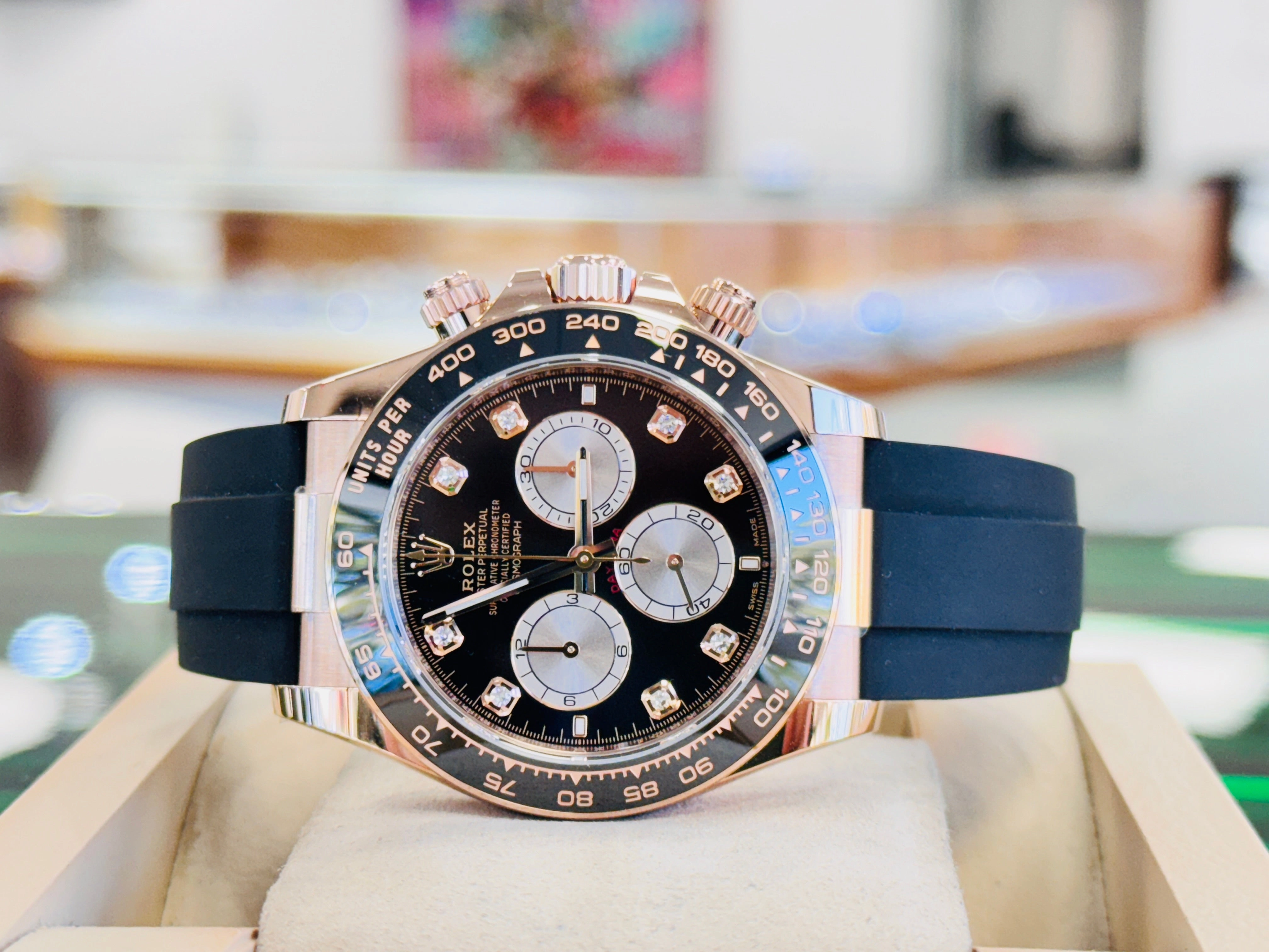 Rolex Daytona 126515LN Rose Gold Oysterflex Factory Black Diamond Dial Unworn Box and Papers