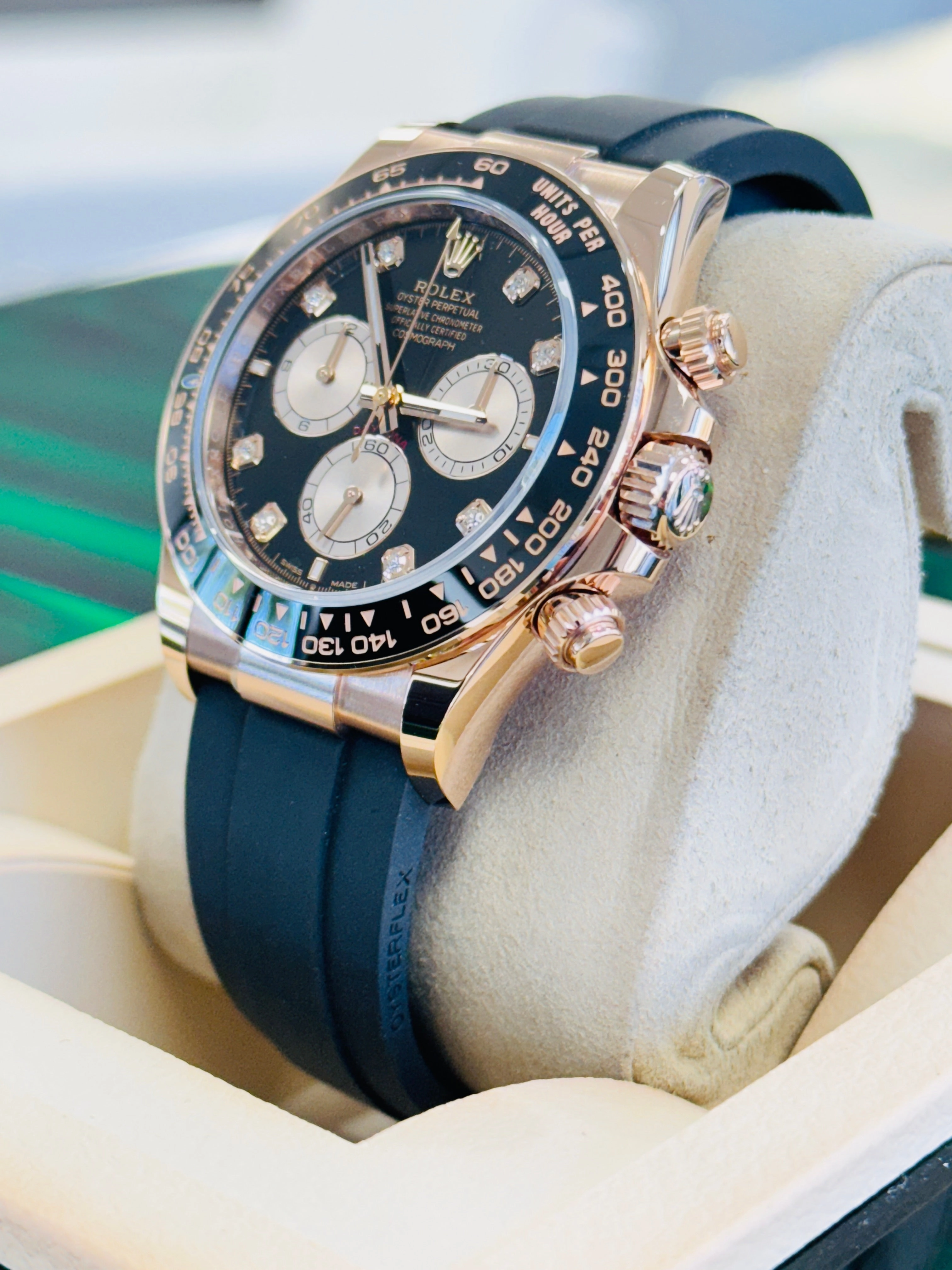 Rolex Daytona 126515LN Rose Gold Oysterflex Factory Black Diamond Dial Unworn Box and Papers