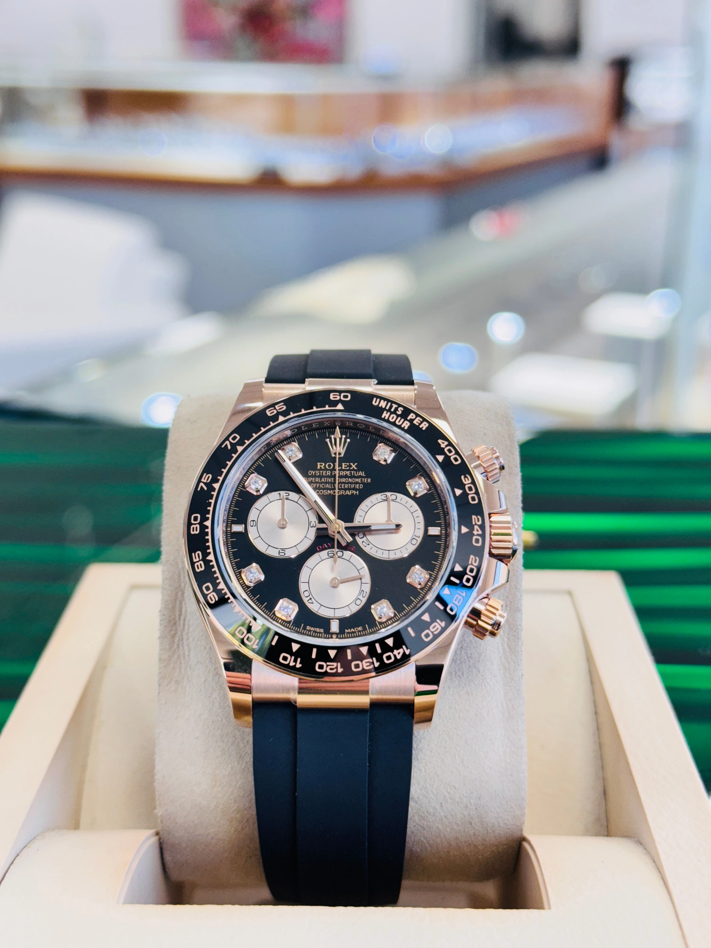 Rolex Daytona 126515LN Rose Gold Oysterflex Factory Black Diamond Dial Unworn Box and Papers