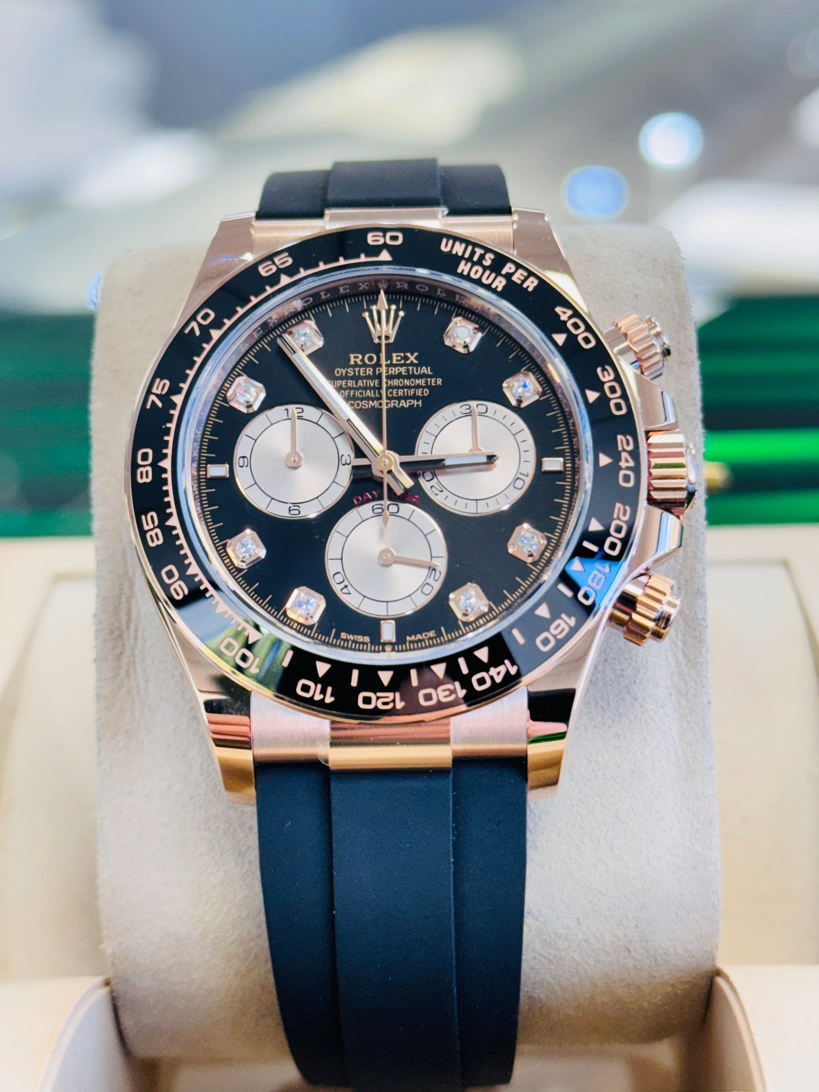 Rolex Daytona 126515LN Rose Gold Oysterflex Factory Black Diamond Dial Unworn Box and Papers