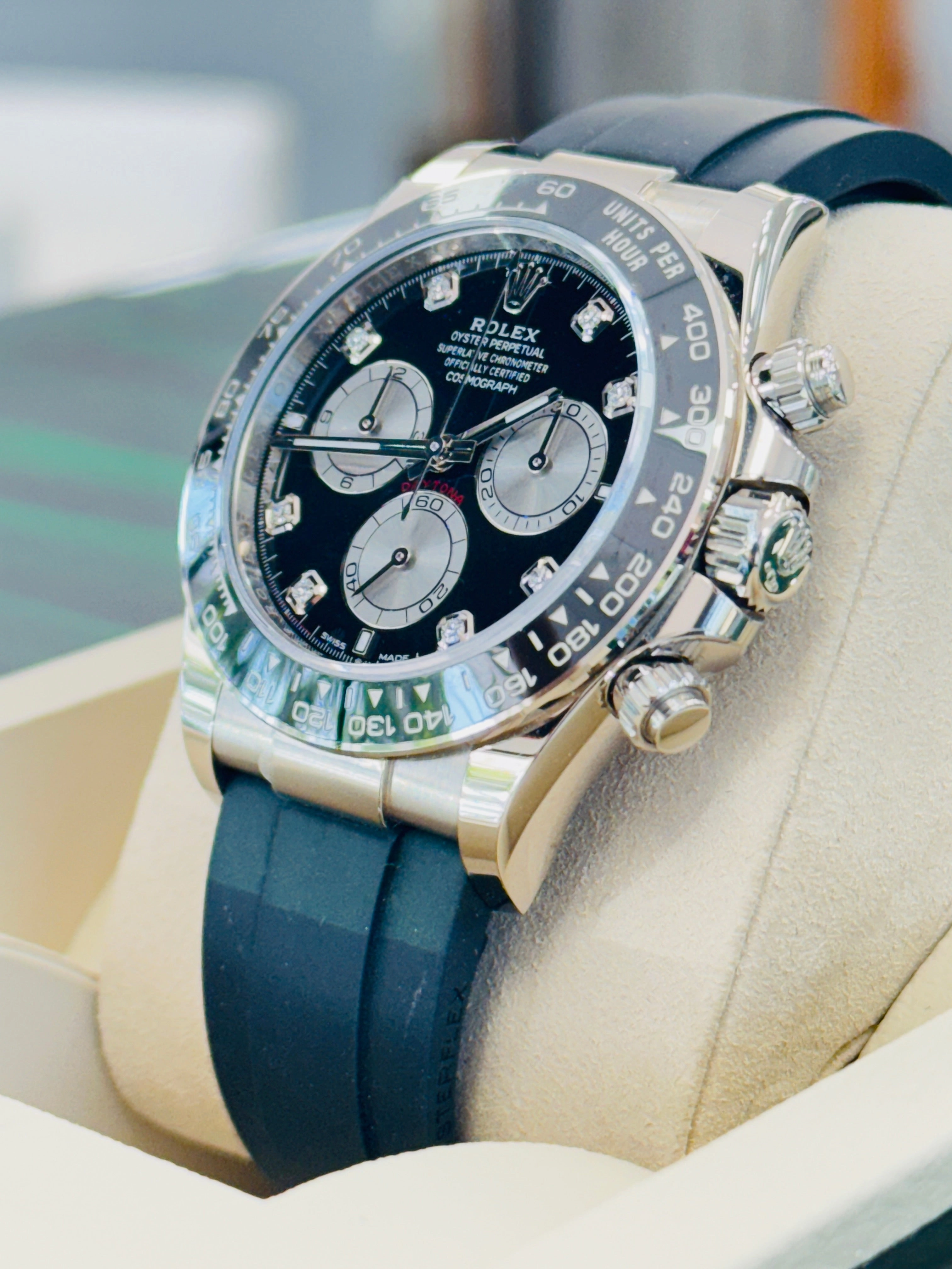 Rolex Daytona 126519LN  Cosmograph 18K White Gold  Factory Black Diamond Dial  Oysterflex Box and Papers Unworn
