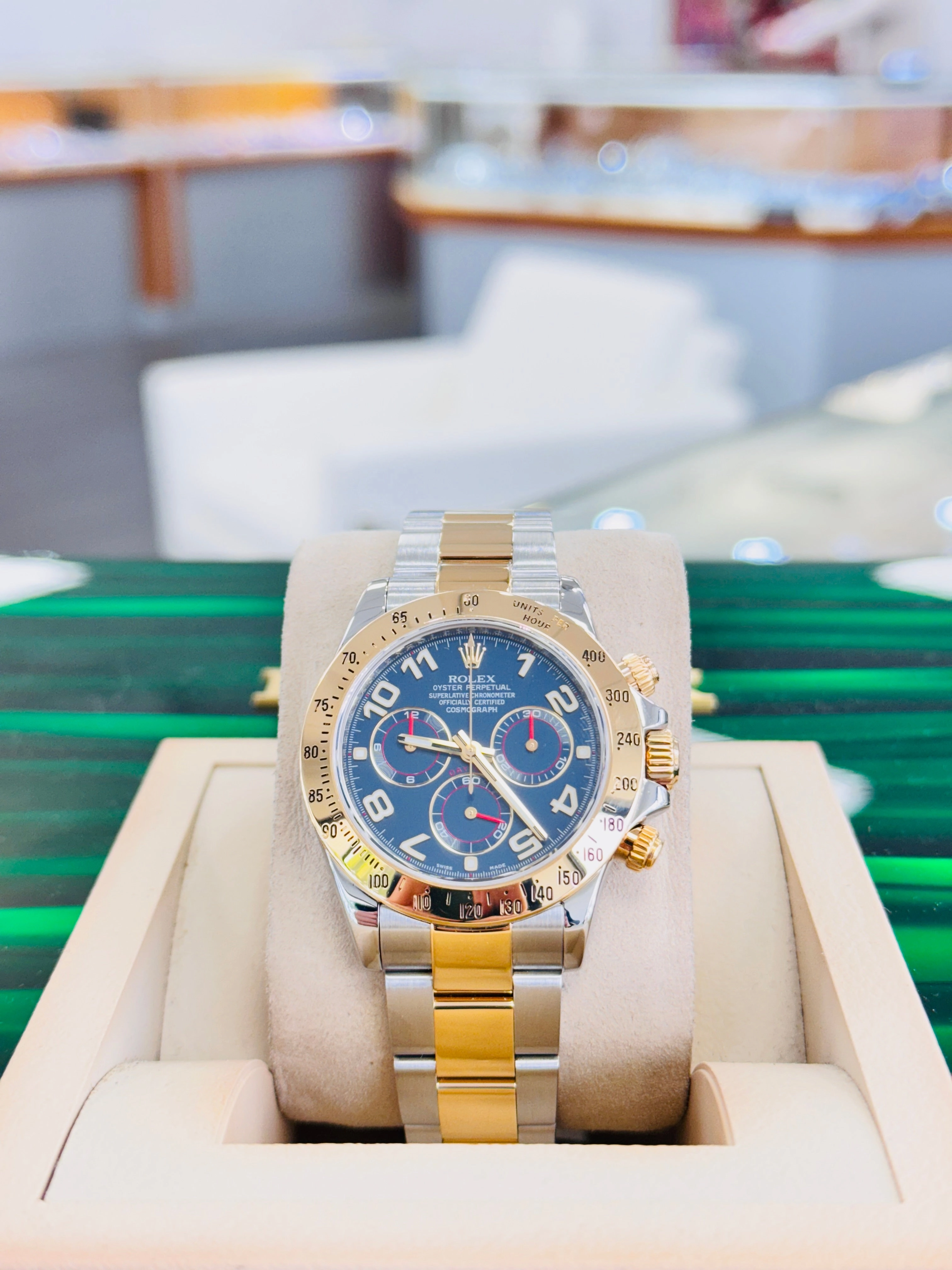 Rolex Daytona  Cosmograph 116523 RARE Blue Arabic Racing Dial Box and Papers MINT