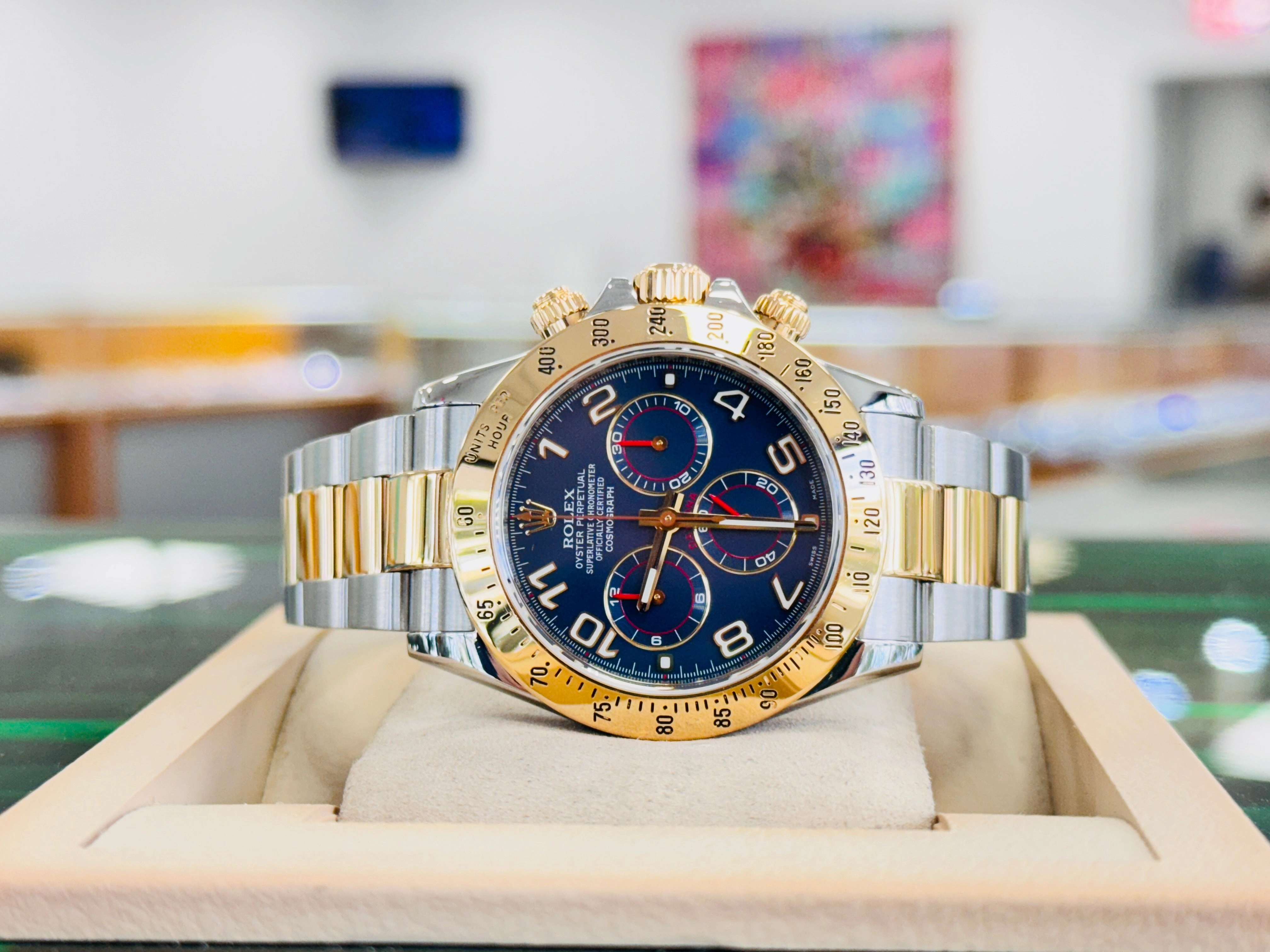 Rolex Daytona  Cosmograph 116523 RARE Blue Arabic Racing Dial Box and Papers MINT