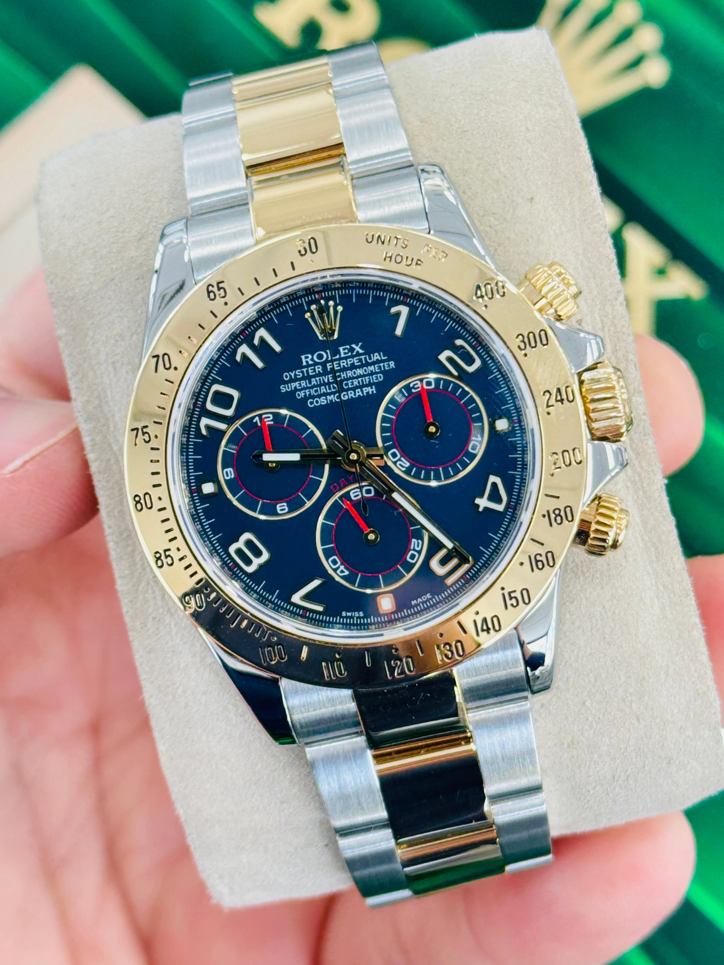Rolex Daytona  Cosmograph 116523 RARE Blue Arabic Racing Dial Box and Papers MINT