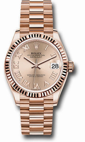 Rolex Everose Gold Datejust 31 Watch - Fluted Bezel - Ros Roman Dial - President Bracelet 278275 rsrp