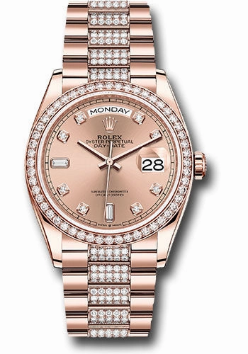 Rolex Everose Gold Day-Date 36 Watch - Diamond Bezel - Ros Diamond Dial - Diamond President Bracelet - 128345rbr rsddp