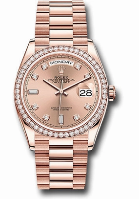 Rolex Everose Gold Day-Date 36 Watch - Diamond Bezel - Ros Diamond Dial - President Bracelet - 128345RBR rodp