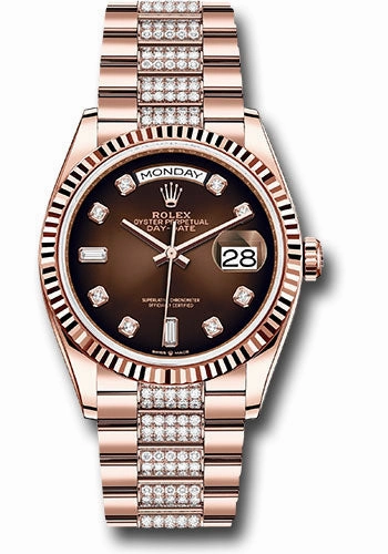 Rolex Everose Gold Day-Date 36 Watch - Fluted Bezel - Brown Ombr Diamond Dial - Diamond President Bracelet - 128235 broddp