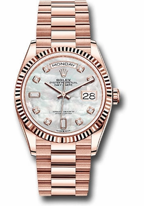 Rolex Everose Gold Day-Date 36 Watch - Fluted Bezel - Mother-of-Pearl Diamond Dial - President Bracelet - 128235 mdp