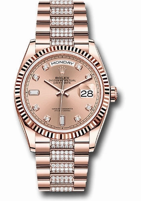 Rolex Everose Gold Day-Date 36 Watch - Fluted Bezel - Ros Diamond Dial - Diamond President Bracelet - 128235 rsddp