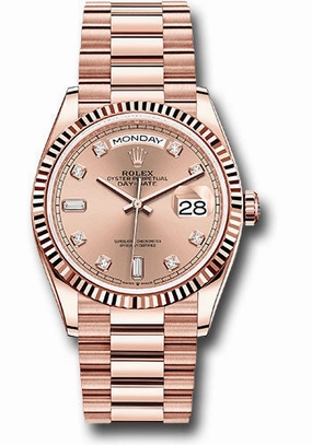 Rolex Everose Gold Day-Date 36 Watch - Fluted Bezel - Ros Diamond Dial - President Bracelet - 128235 rodp