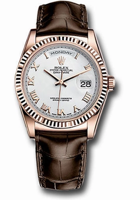 Rolex Everose Gold Day-Date 36 Watch - Fluted Bezel - White Roman Dial - Brown Leather - 118135 wrbr